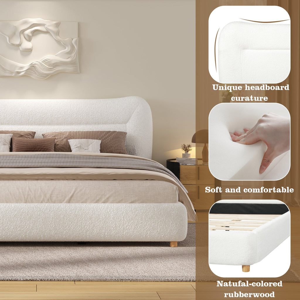 Minimalist Curved Headboard Teddy Bear Plush Bed, Queen