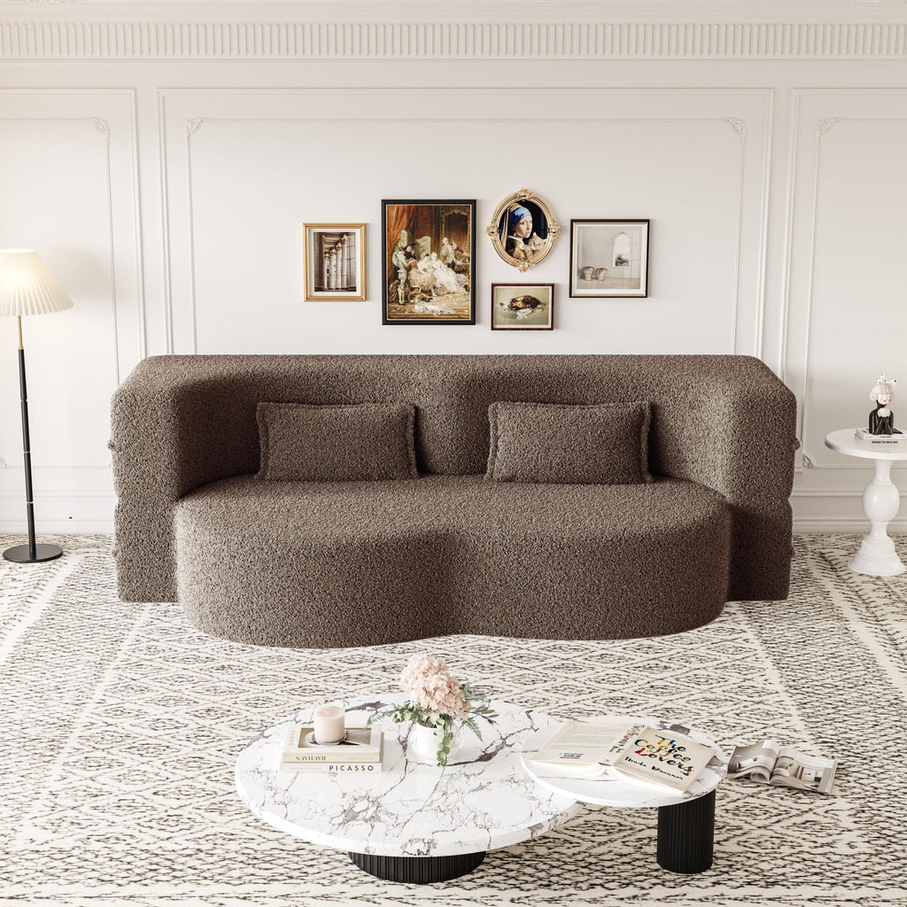 Modern Floor Sofa With Two Pillows Convertible Teddy Fabric Foam Filled Bed
