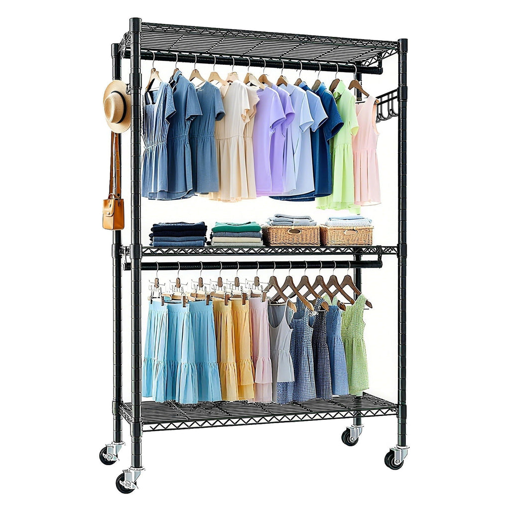 Heavy Duty Rolling Clothes Rack With 3 Tier Shelves, 2 Rails & Side Hooks