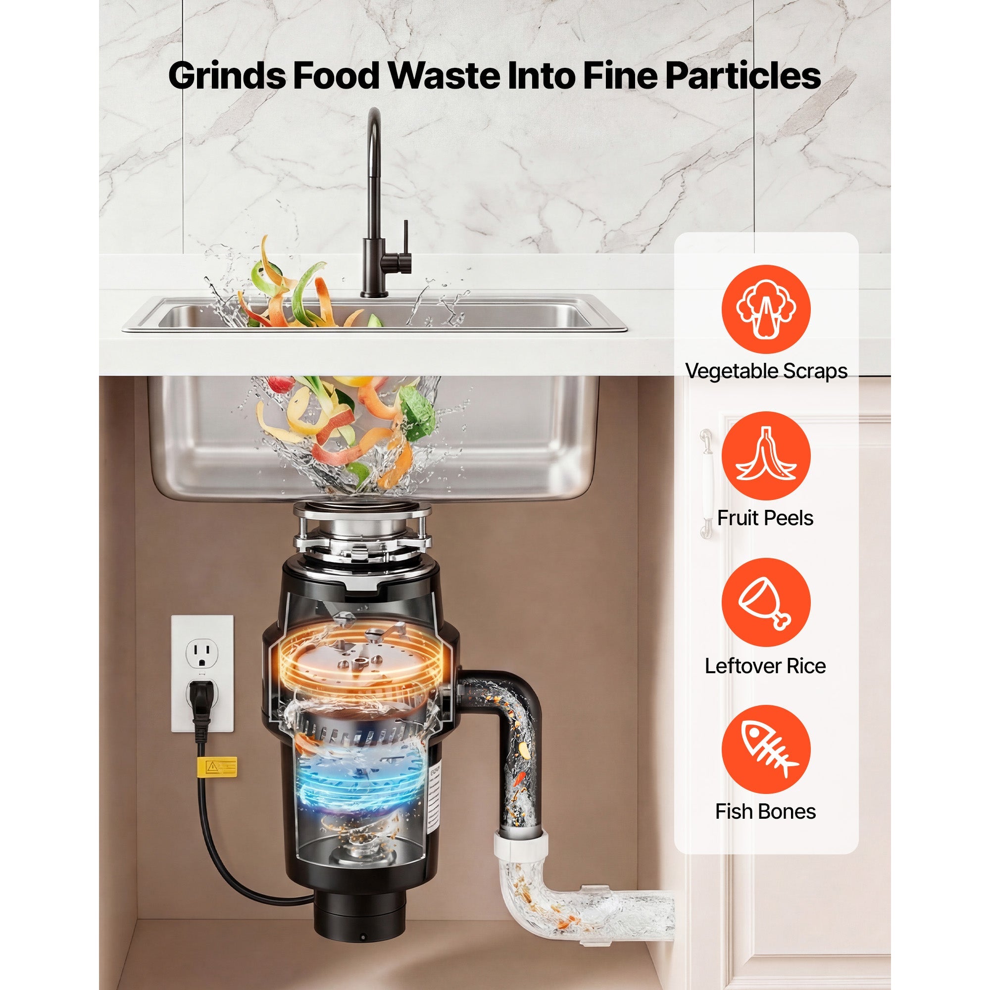 Food Waste Garbage Disposal, 1HP 3700RPM DC Motor
