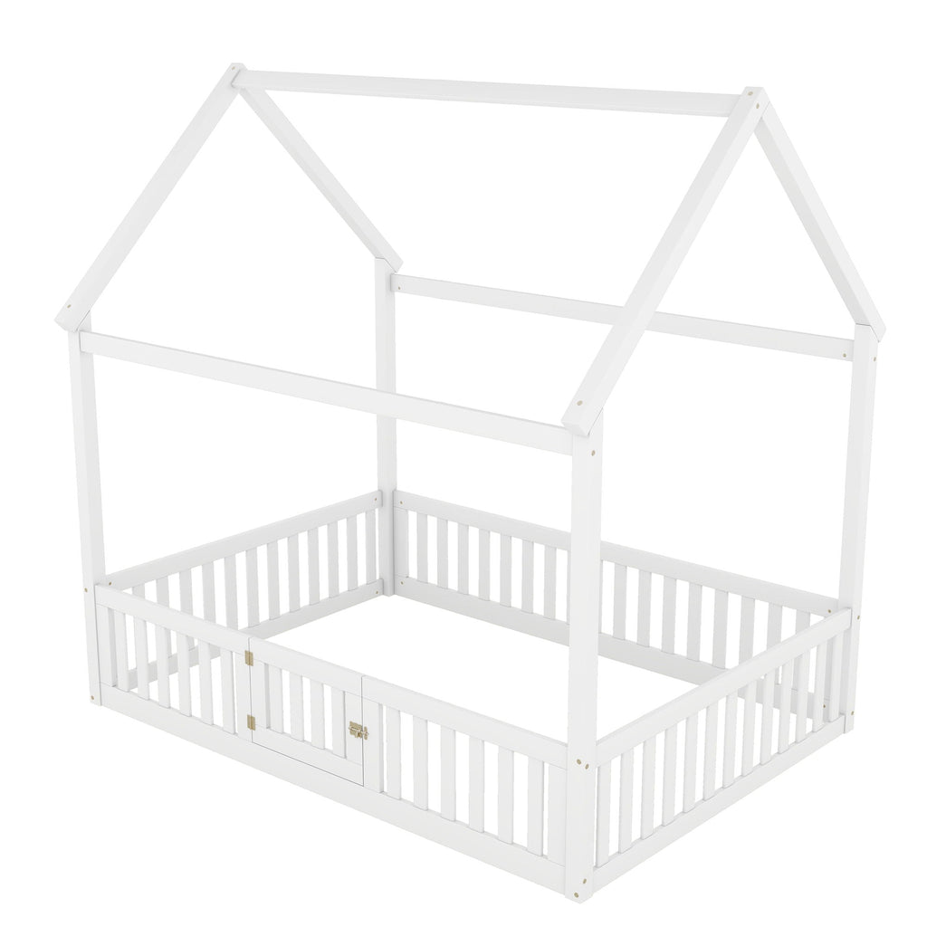 Wood House Bed With Fence And Door