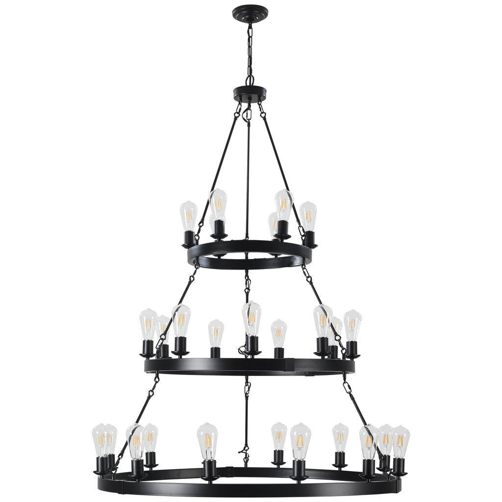 45" Retro Industrial Chandelier | 27-Light 3-Layer Black Farmhouse Pendant for High Ceiling Hall, Dining Room & Living Room — E26