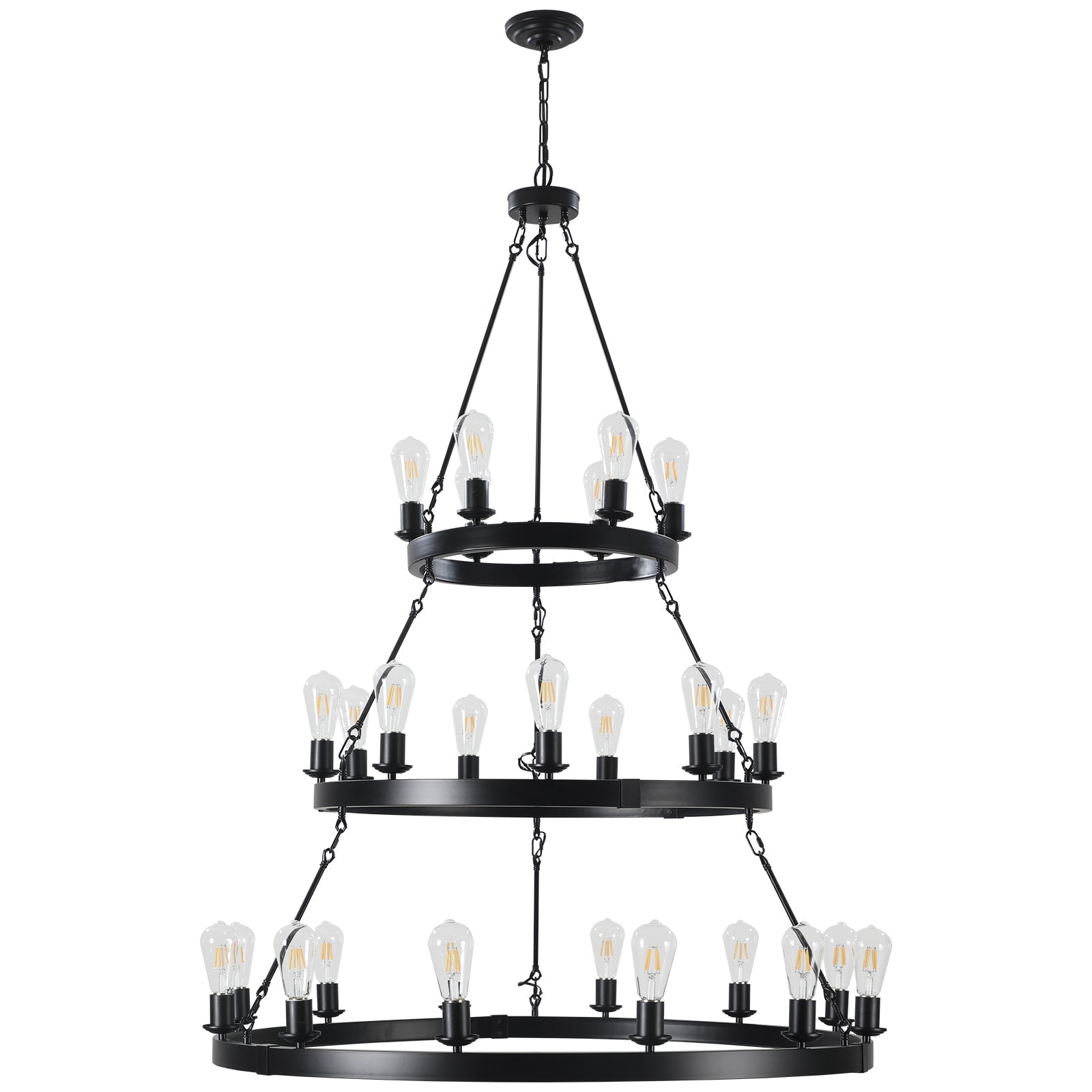 45" Retro Industrial Chandelier | 27-Light 3-Layer Black Farmhouse Pendant for High Ceiling Hall, Dining Room & Living Room — E26