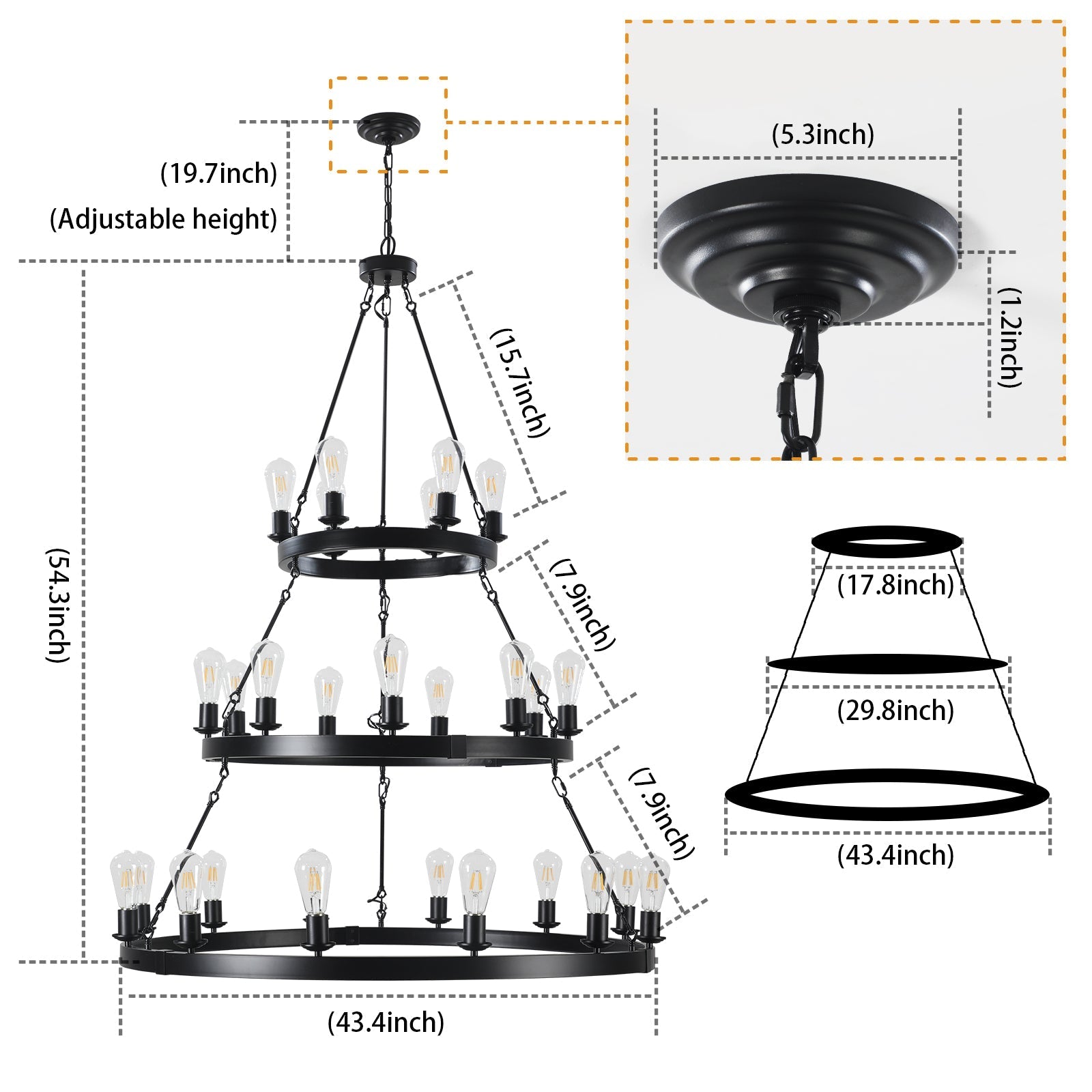 45" Retro Industrial Chandelier | 27-Light 3-Layer Black Farmhouse Pendant for High Ceiling Hall, Dining Room & Living Room — E26