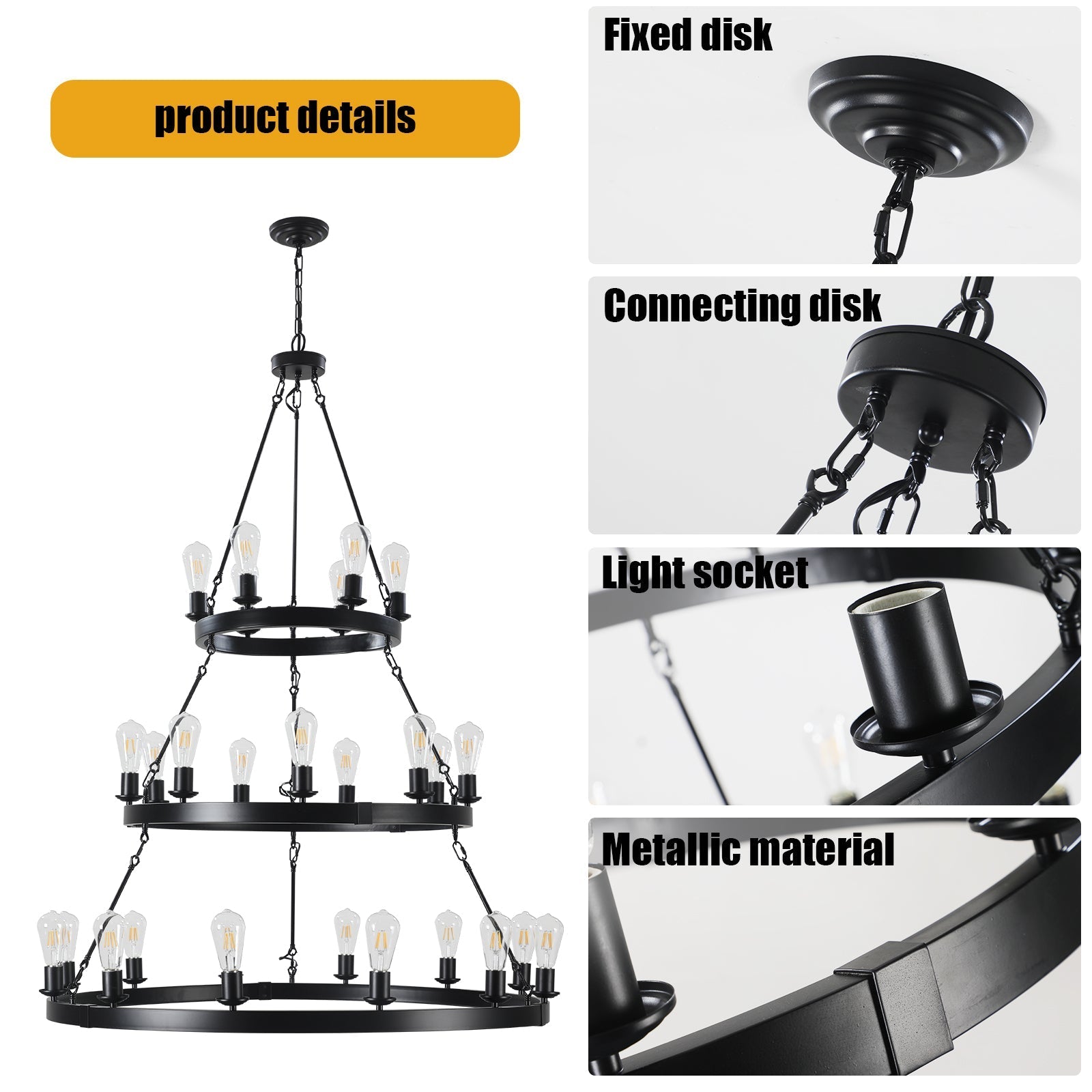 45" Retro Industrial Chandelier | 27-Light 3-Layer Black Farmhouse Pendant for High Ceiling Hall, Dining Room & Living Room — E26