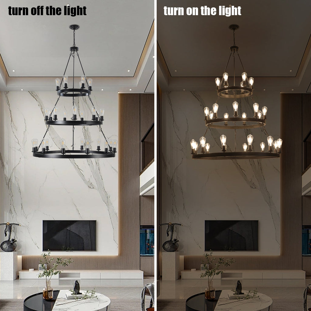 45" Retro Industrial Chandelier | 27-Light 3-Layer Black Farmhouse Pendant for High Ceiling Hall, Dining Room & Living Room — E26