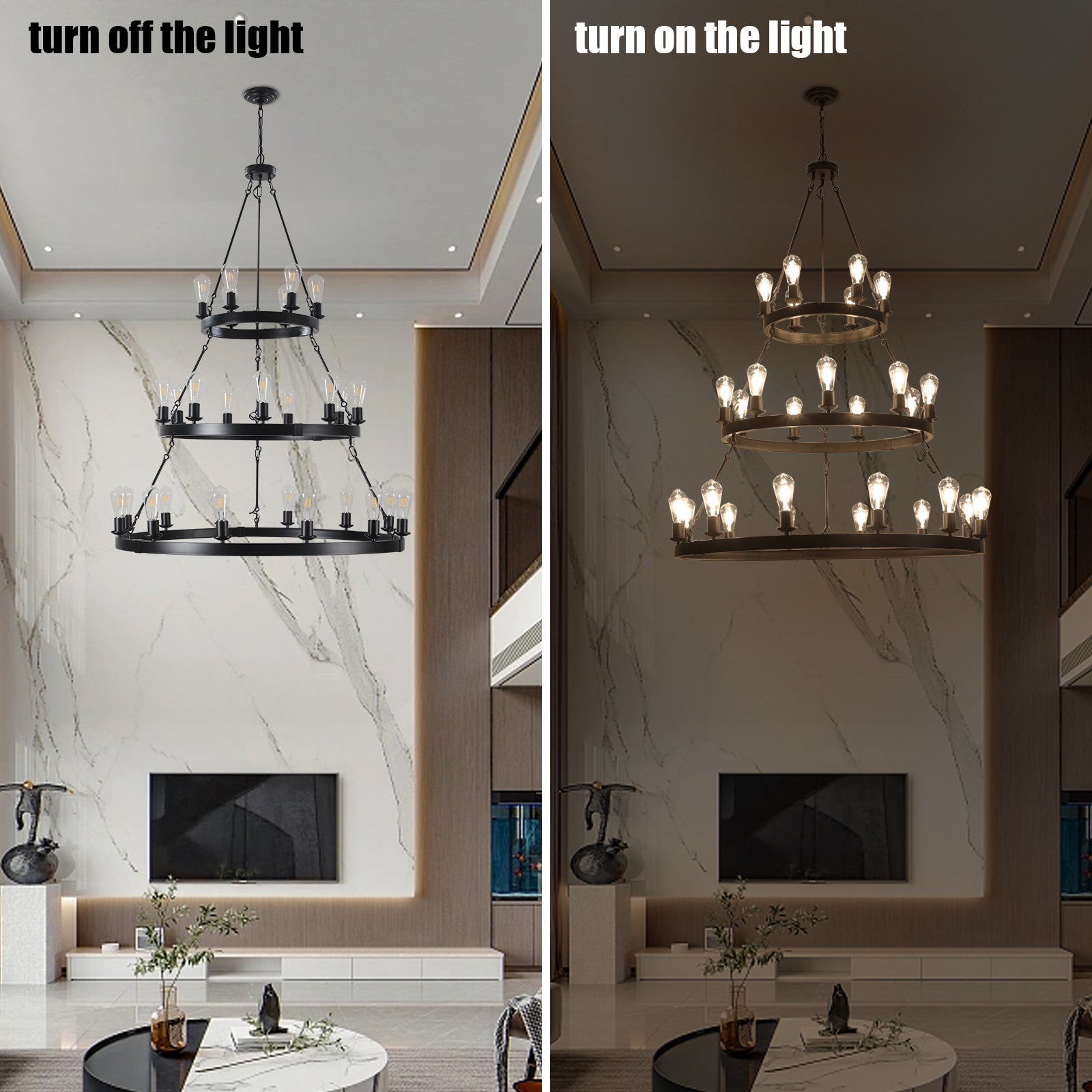 45" Retro Industrial Chandelier | 27-Light 3-Layer Black Farmhouse Pendant for High Ceiling Hall, Dining Room & Living Room — E26