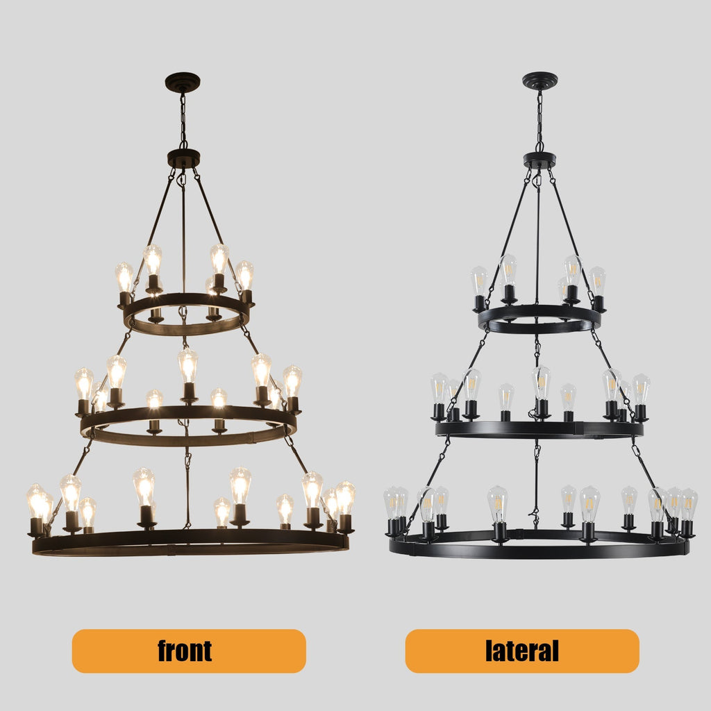 45" Retro Industrial Chandelier | 27-Light 3-Layer Black Farmhouse Pendant for High Ceiling Hall, Dining Room & Living Room — E26