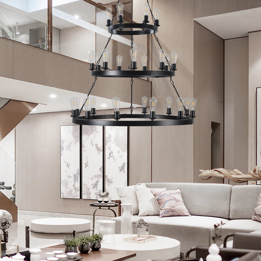 45" Retro Industrial Chandelier | 27-Light 3-Layer Black Farmhouse Pendant for High Ceiling Hall, Dining Room & Living Room — E26
