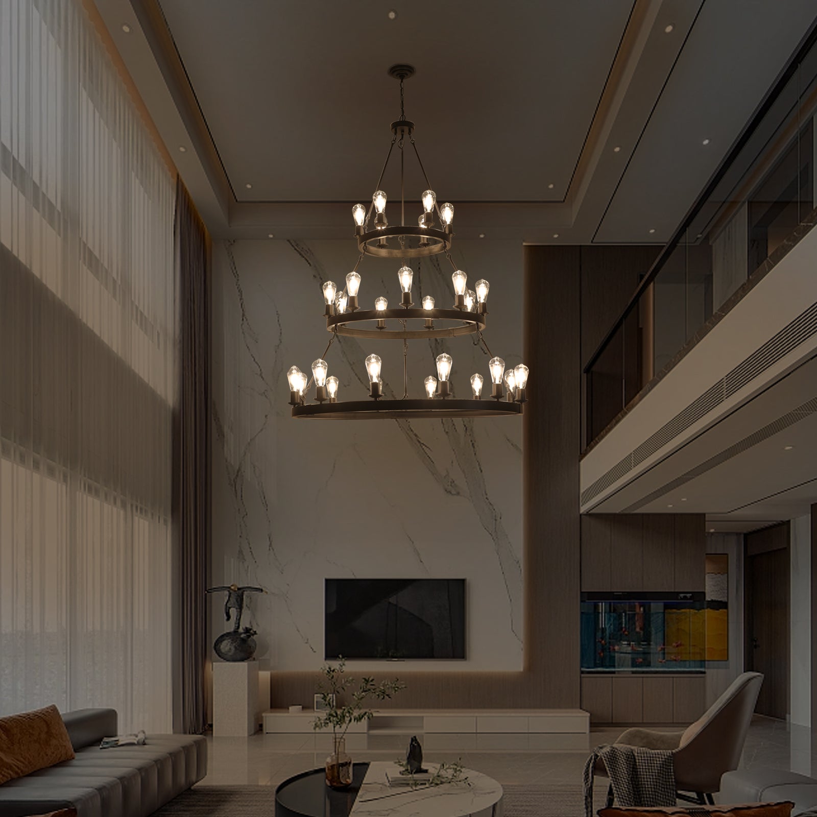 45" Retro Industrial Chandelier | 27-Light 3-Layer Black Farmhouse Pendant for High Ceiling Hall, Dining Room & Living Room — E26