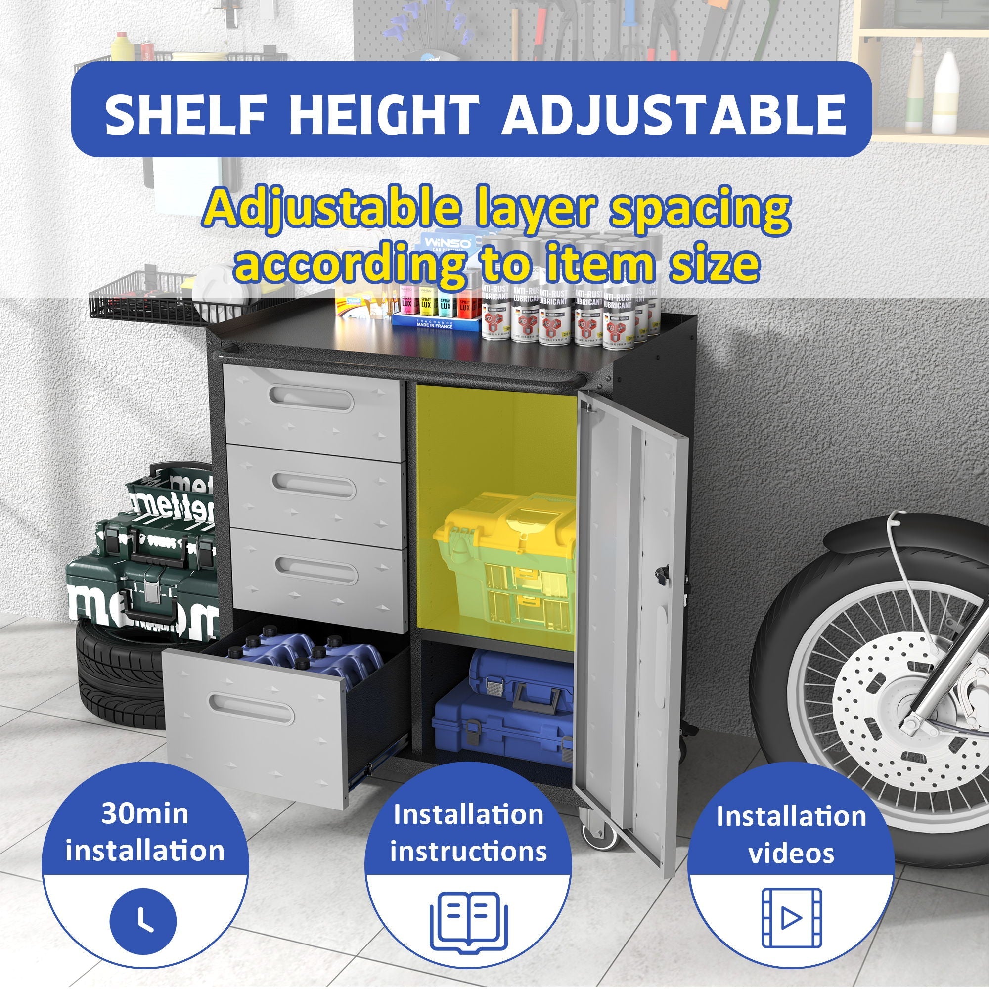 Sturdy Metal Tool Storage Cabinet With Wheels Durable Garage, Office & Home Organizer Steel