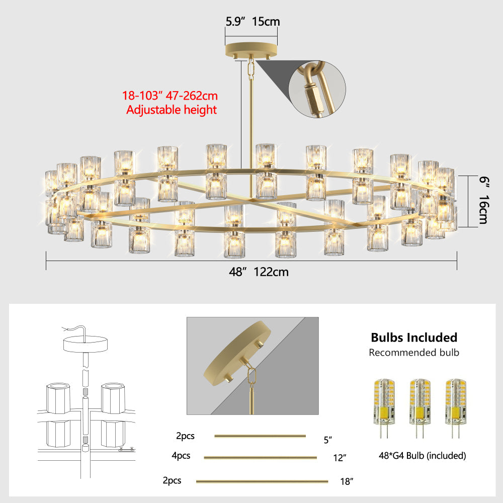 Luxury Crystal Chandelier | Double-Ring LED Ceiling Light for Living Room & Dining Room — Black or Gold, Round or Rectangular