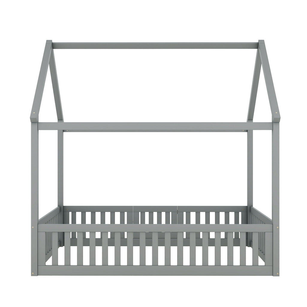Wood House Bed With Fence And Door