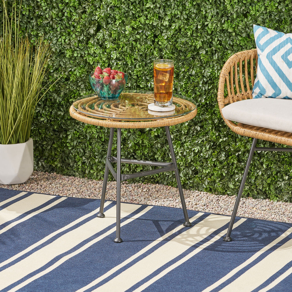 Petrichor Outdoor Side Table with Tempered Glass and Steel Frame
