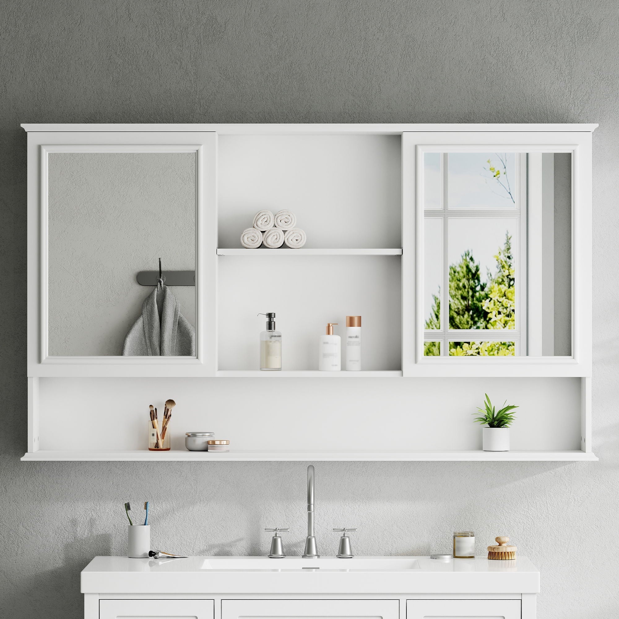 Wall Mounted Bathroom Medicine Cabinet With Double Mirrored Doors