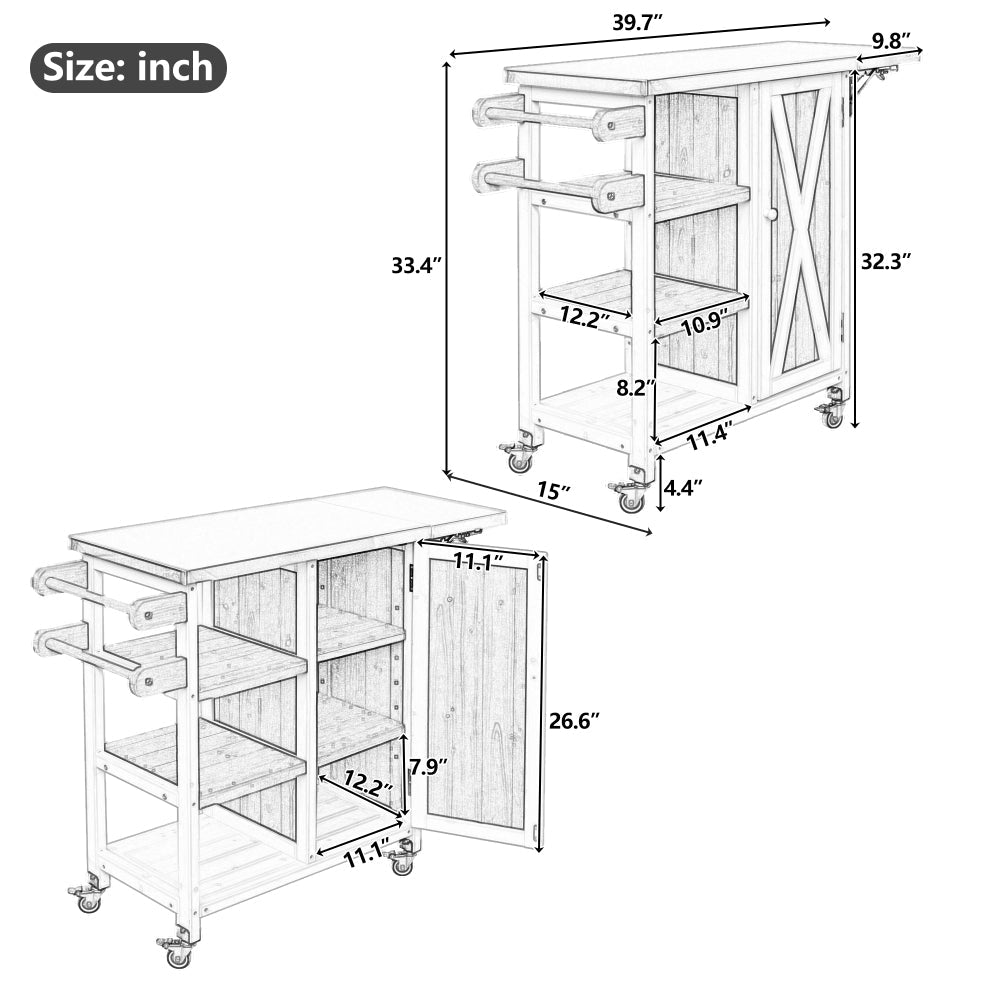 Foldable Outdoor Kitchen Island with Stainless Steel Top | Rolling Cart with Storage Cabinet, Open Shelves & Towel Rack — Grey