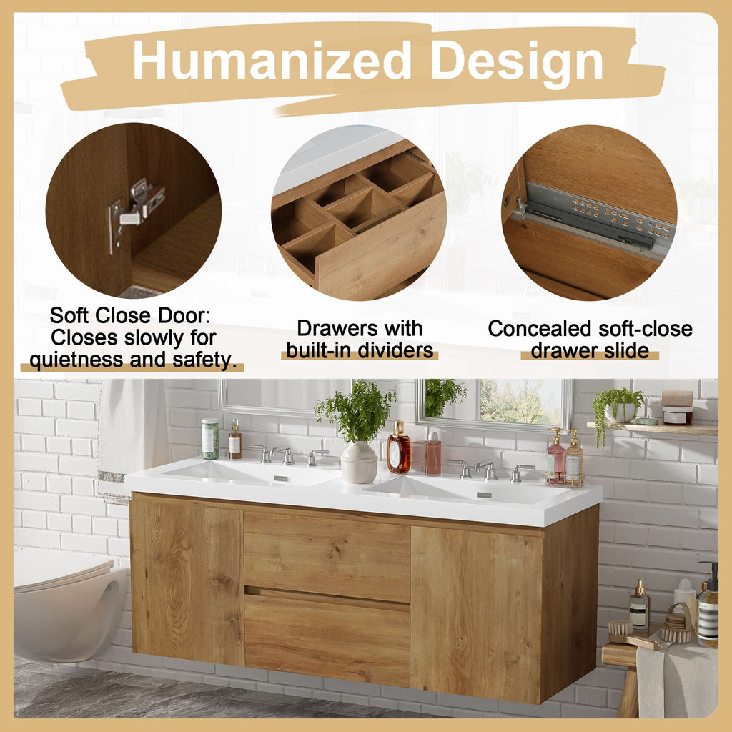 Double Sink Bathroom Vanity, Cabinet & Soft Close Doors, Divided Drawers, Wall Mounted Storage - Wood
