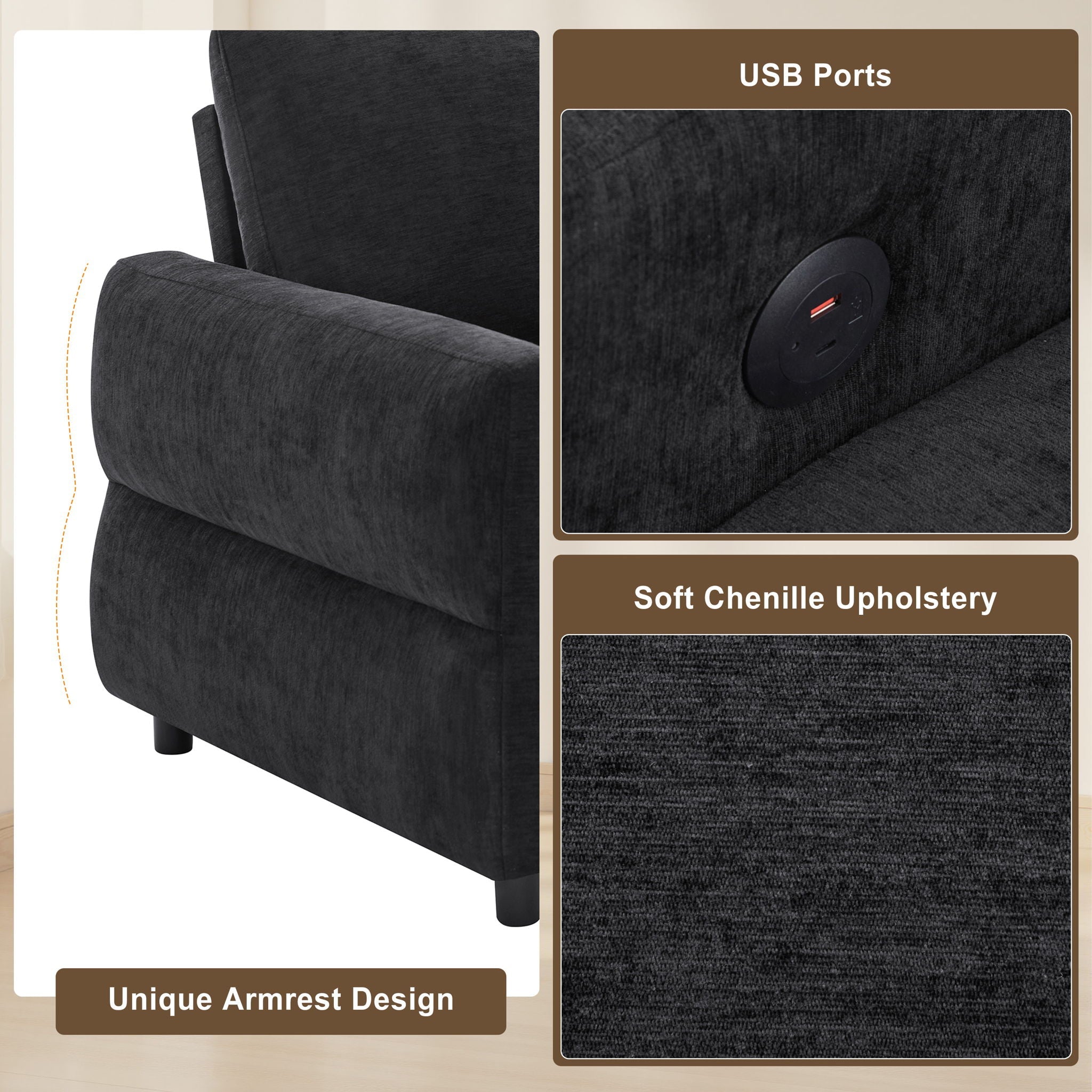 Convertible Sofa Bed Loveseat With Adjustable Backrest And USB Ports