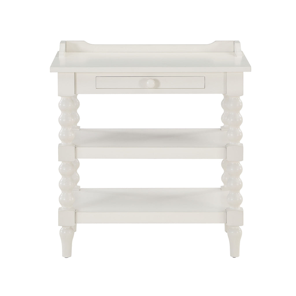 Aria - Nightstand With Styling, 2 Shelves, Pull Out Tray, Spool Turned Legs - Antique White