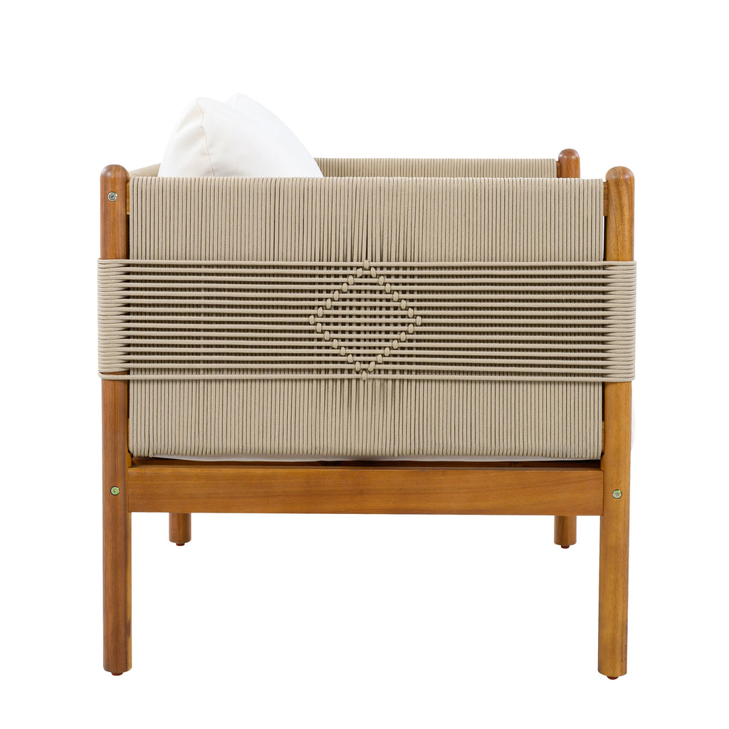 Outdoor Acacia Wood Loveseat with Diamond Rope Weave & Cushions, Teak Finish