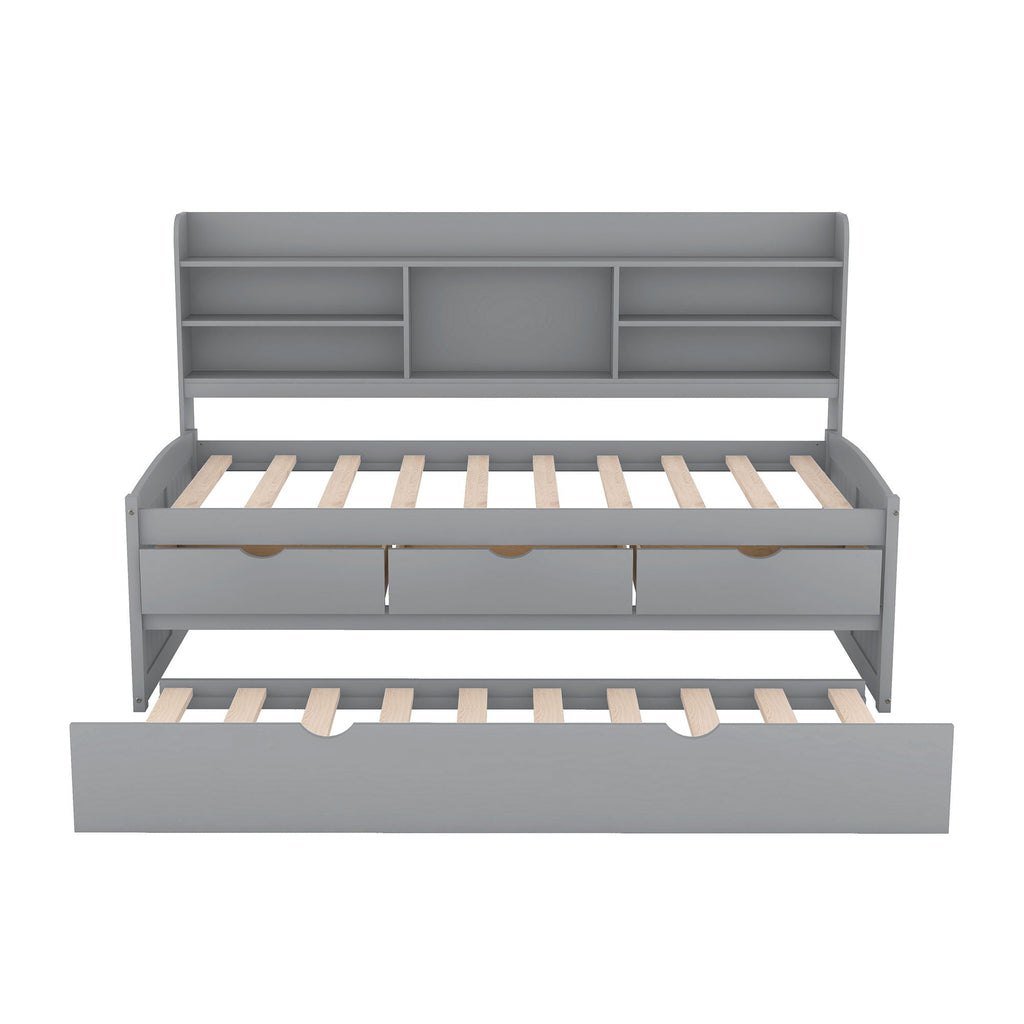 Captain Bed With Built In Bookshelves, 3 Storage Drawers, And Trundle