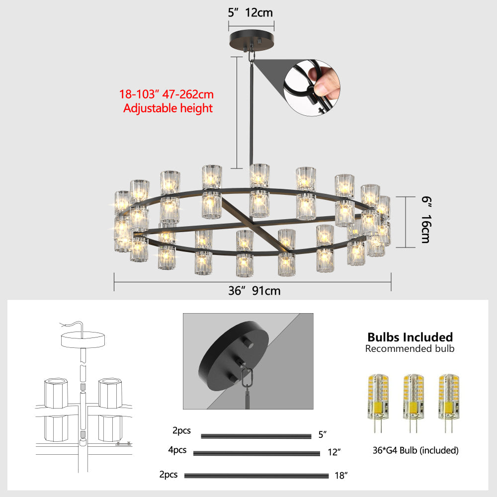 Luxury Crystal Chandelier | Double-Ring LED Ceiling Light for Living Room & Dining Room — Black or Gold, Round or Rectangular