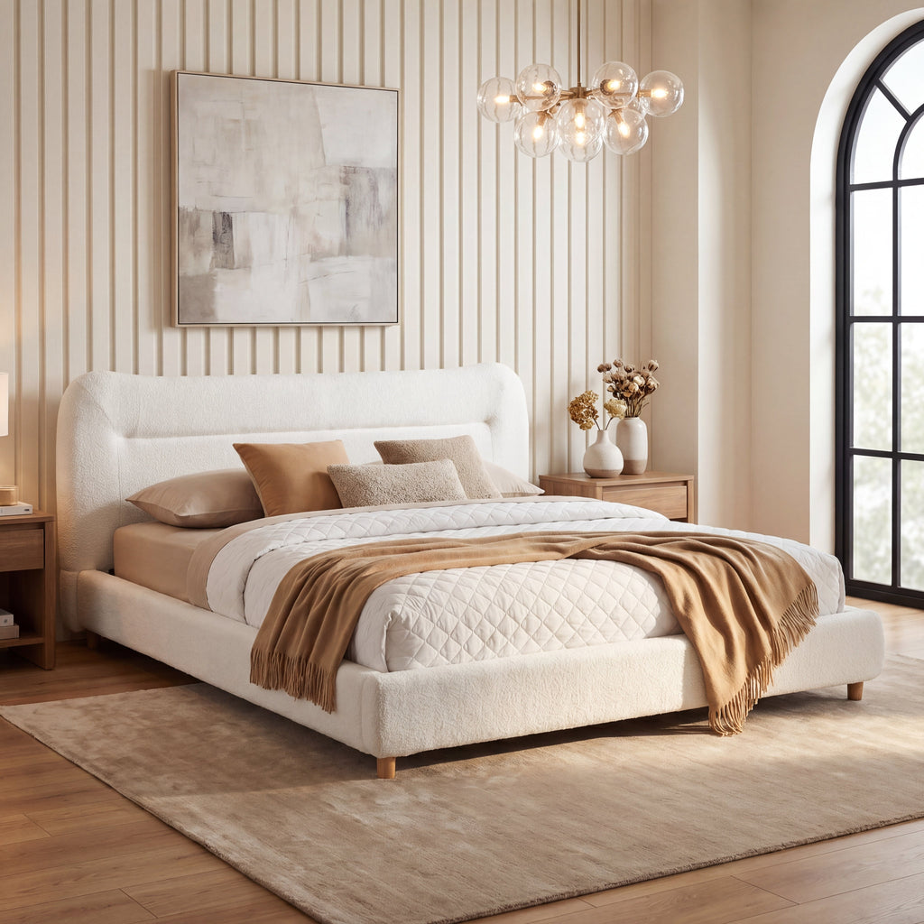 Minimalist Curved Headboard Teddy Bear Plush Bed, Queen