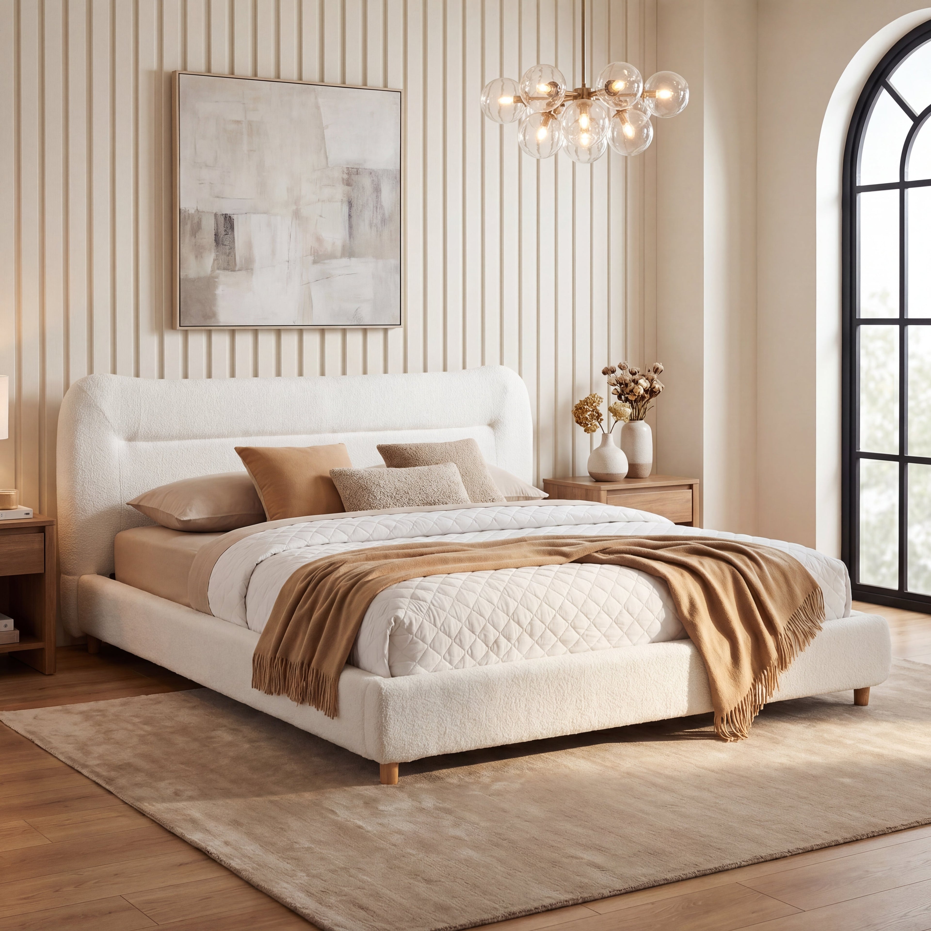 Minimalist Curved Headboard Teddy Bear Plush Bed, Queen