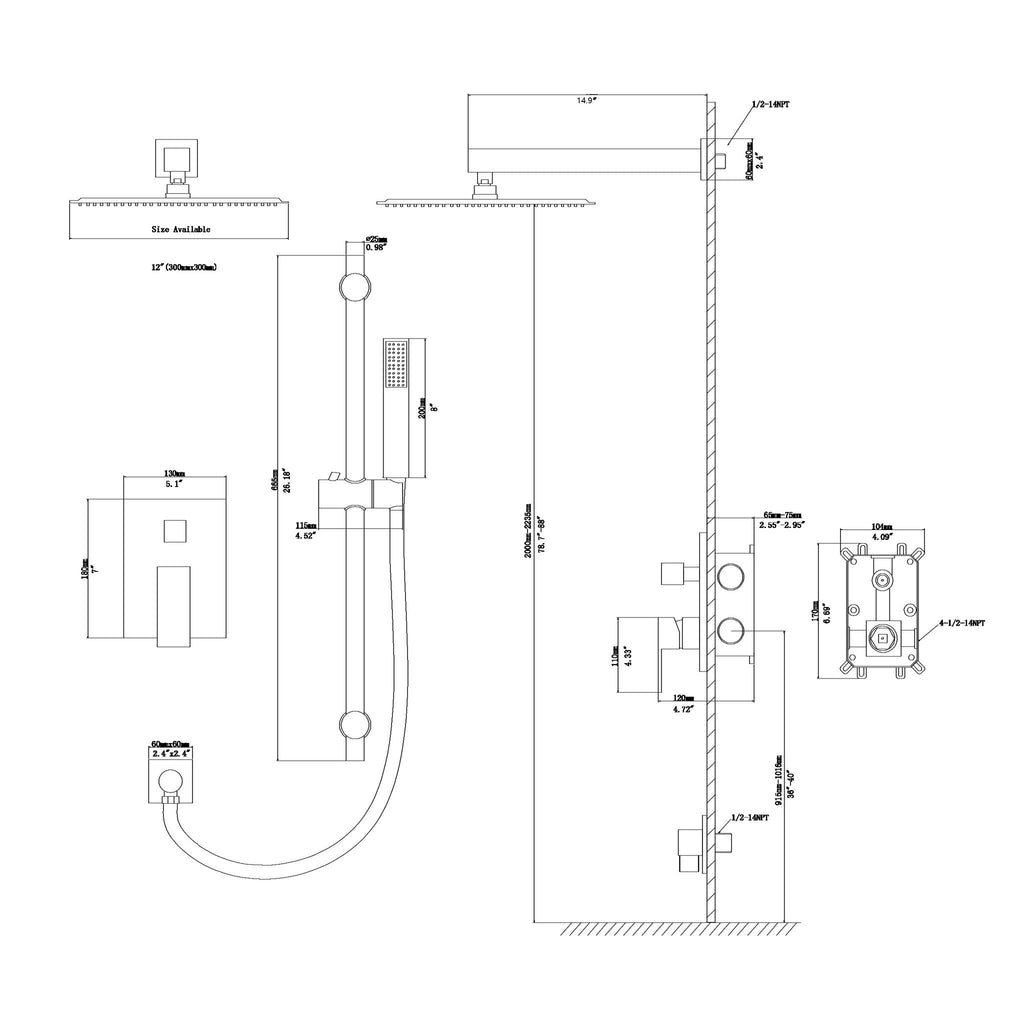 Wall Mounted Shower System With Adjustable Slide Bar And Rough In Valve - Matte Black