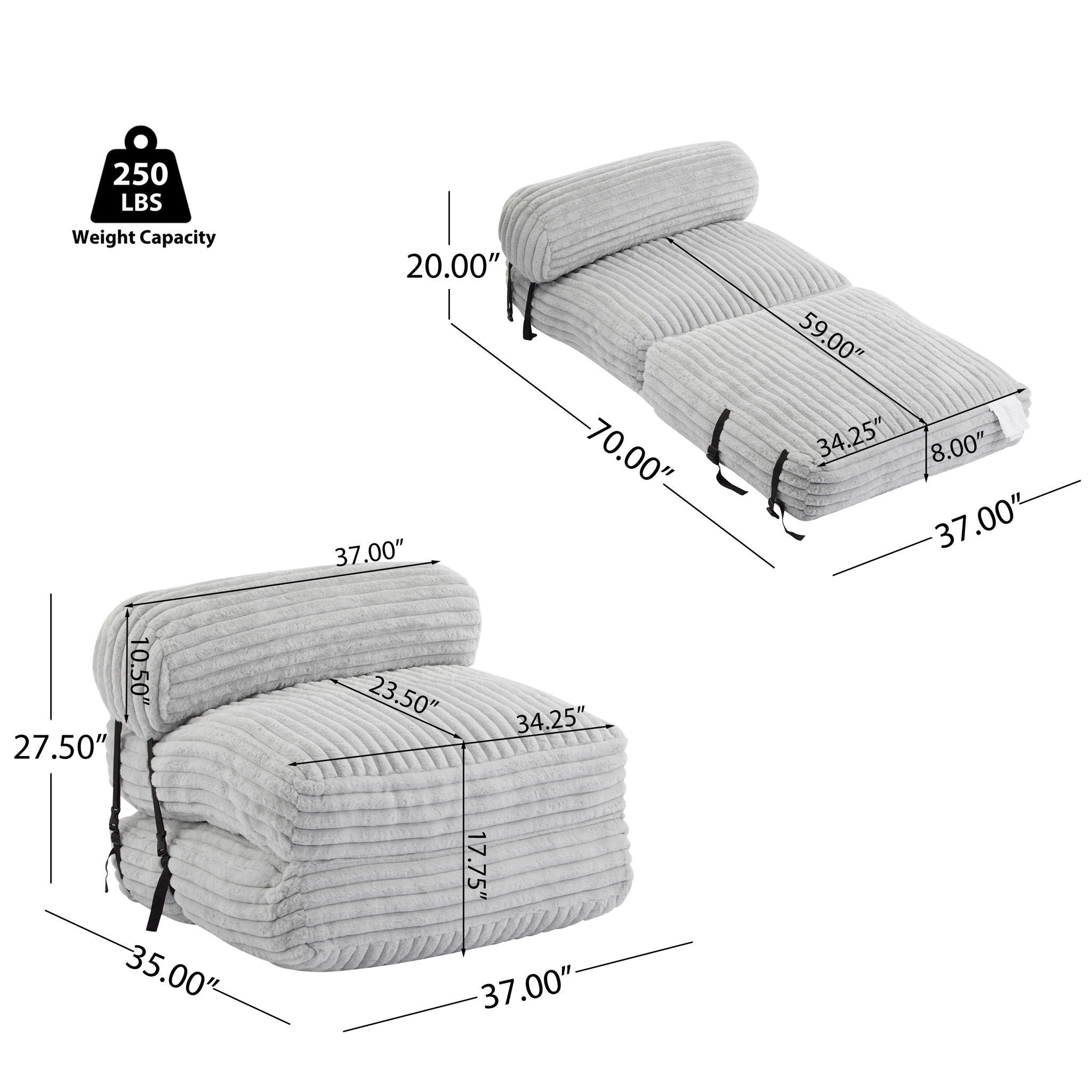 Latina Indoor Foldable Bean Bag Lounge Chair - Light Gray