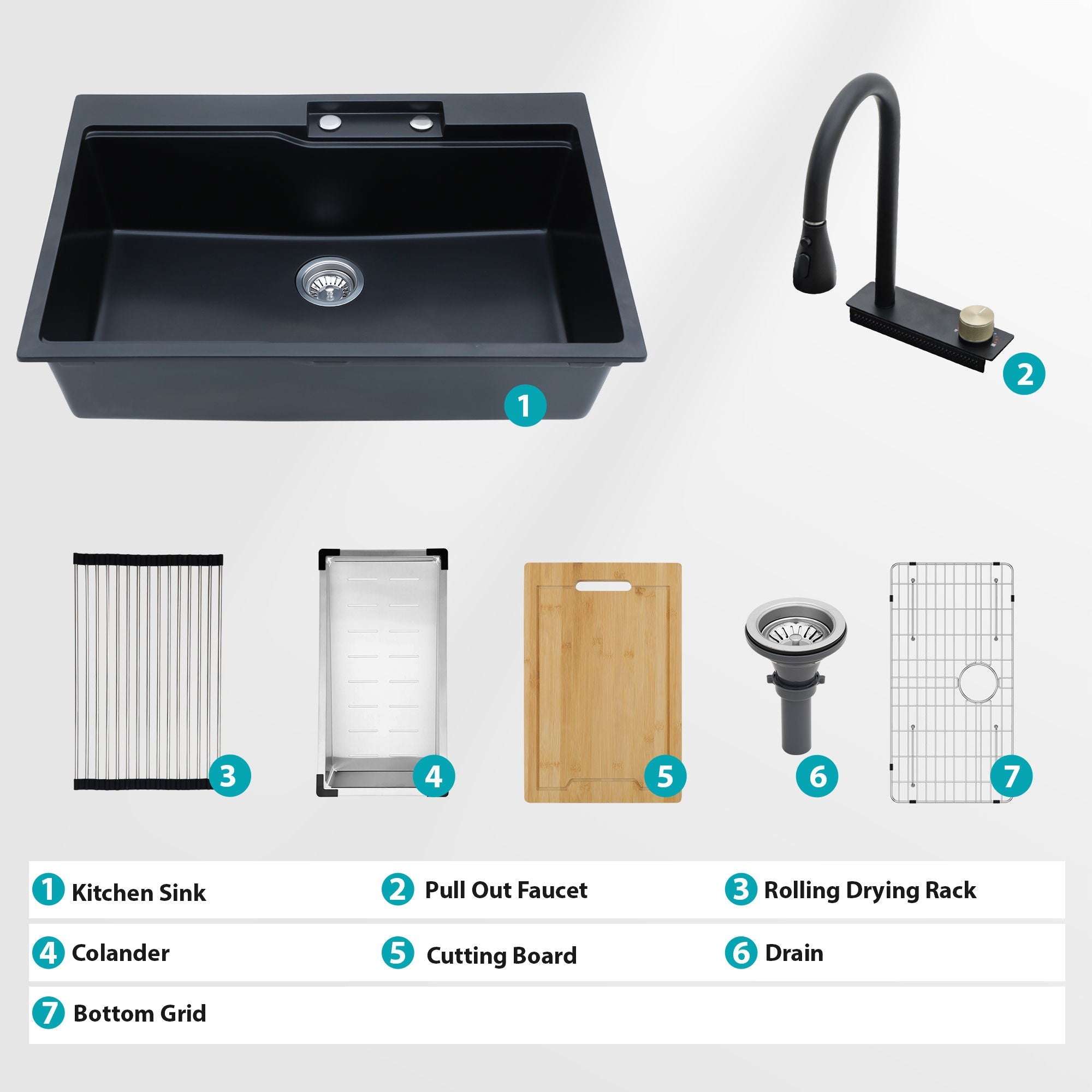 Waterfall Kitchen Sink With Pull Out Faucet & Cup Washer