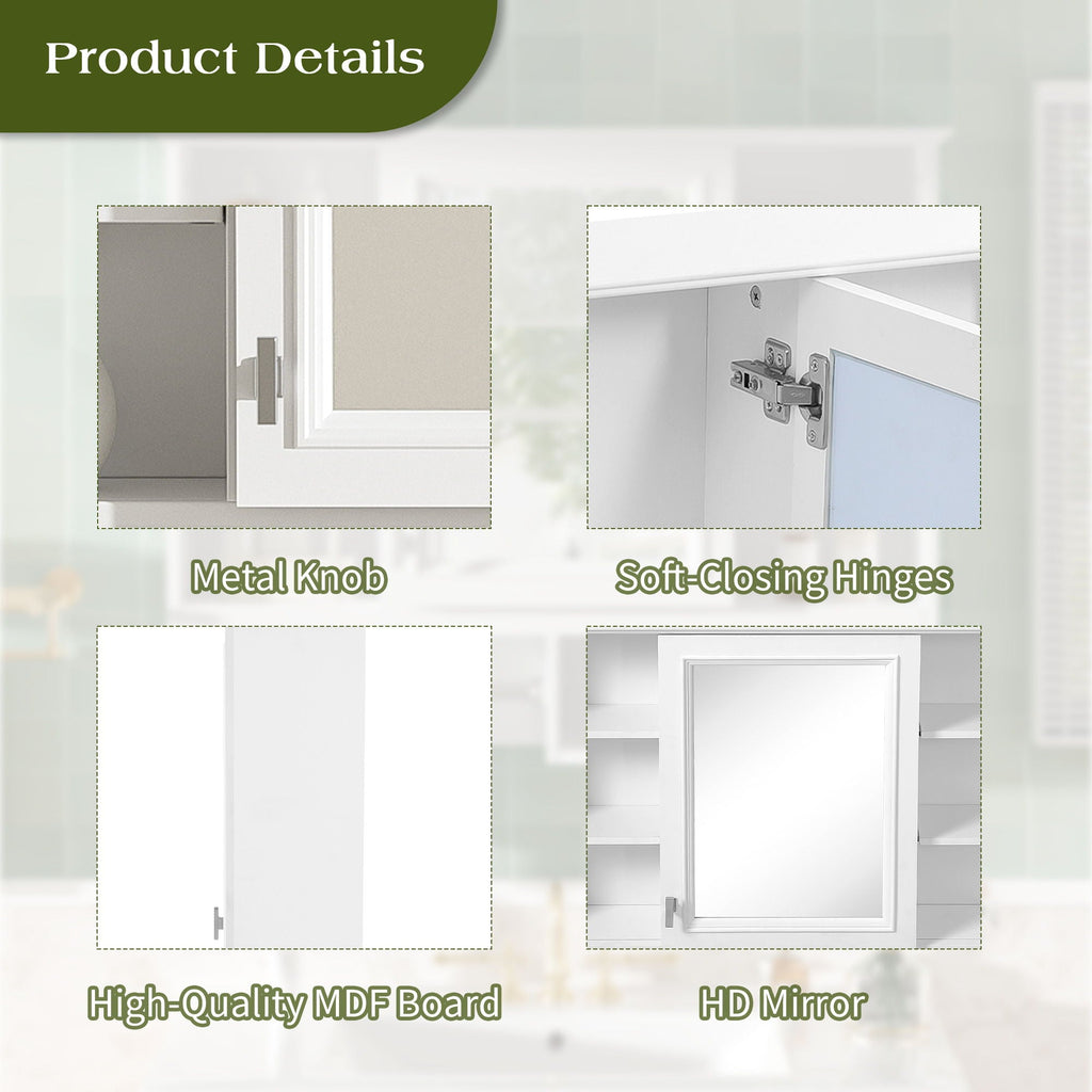 Wall Mount 2 In 1 Mirror Cabinet With Adjustable Shelves, Open Storage, For Bathroom Vanity - White