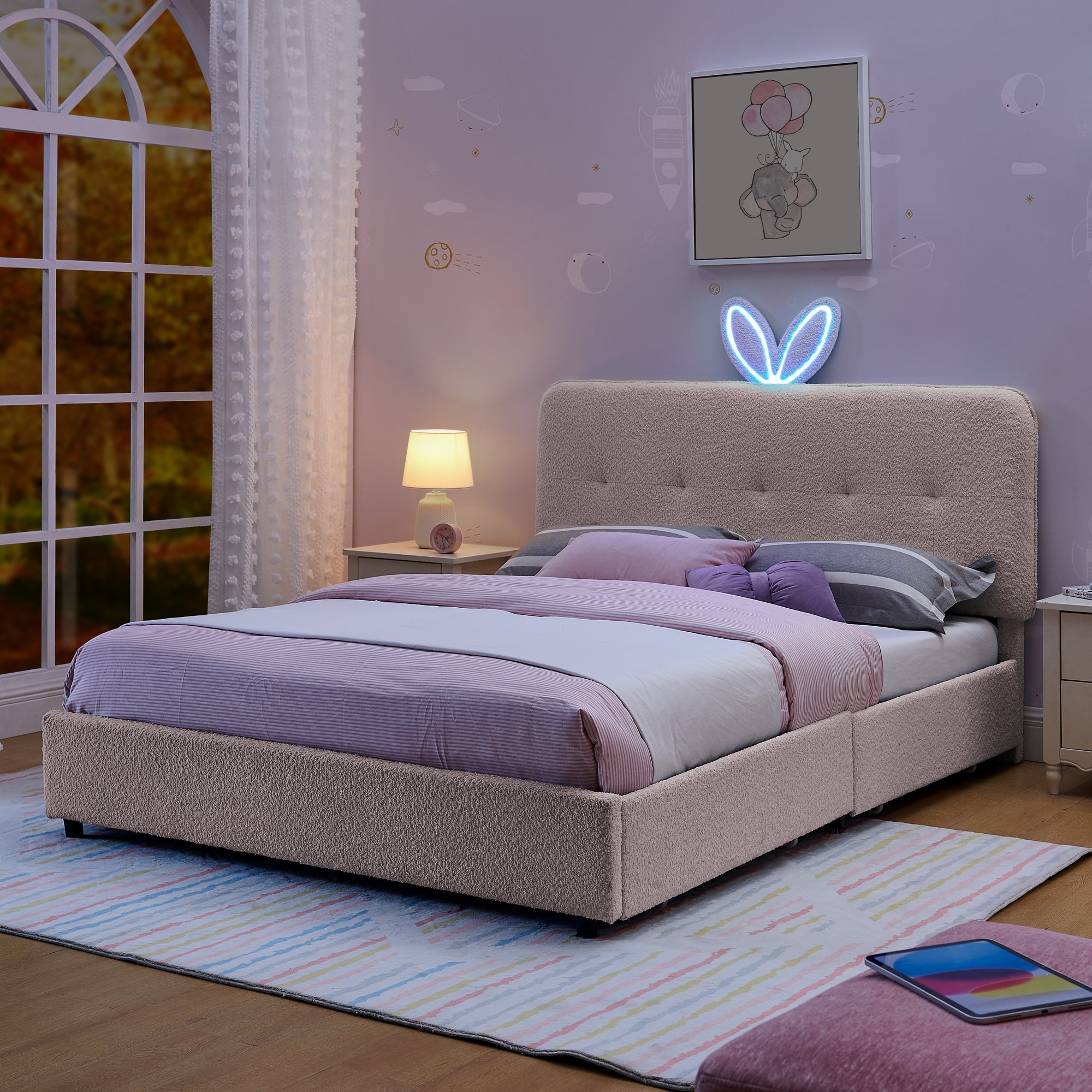 Full Size Kids Upholstered Bed with Oversized Rabbit Ear Headboard