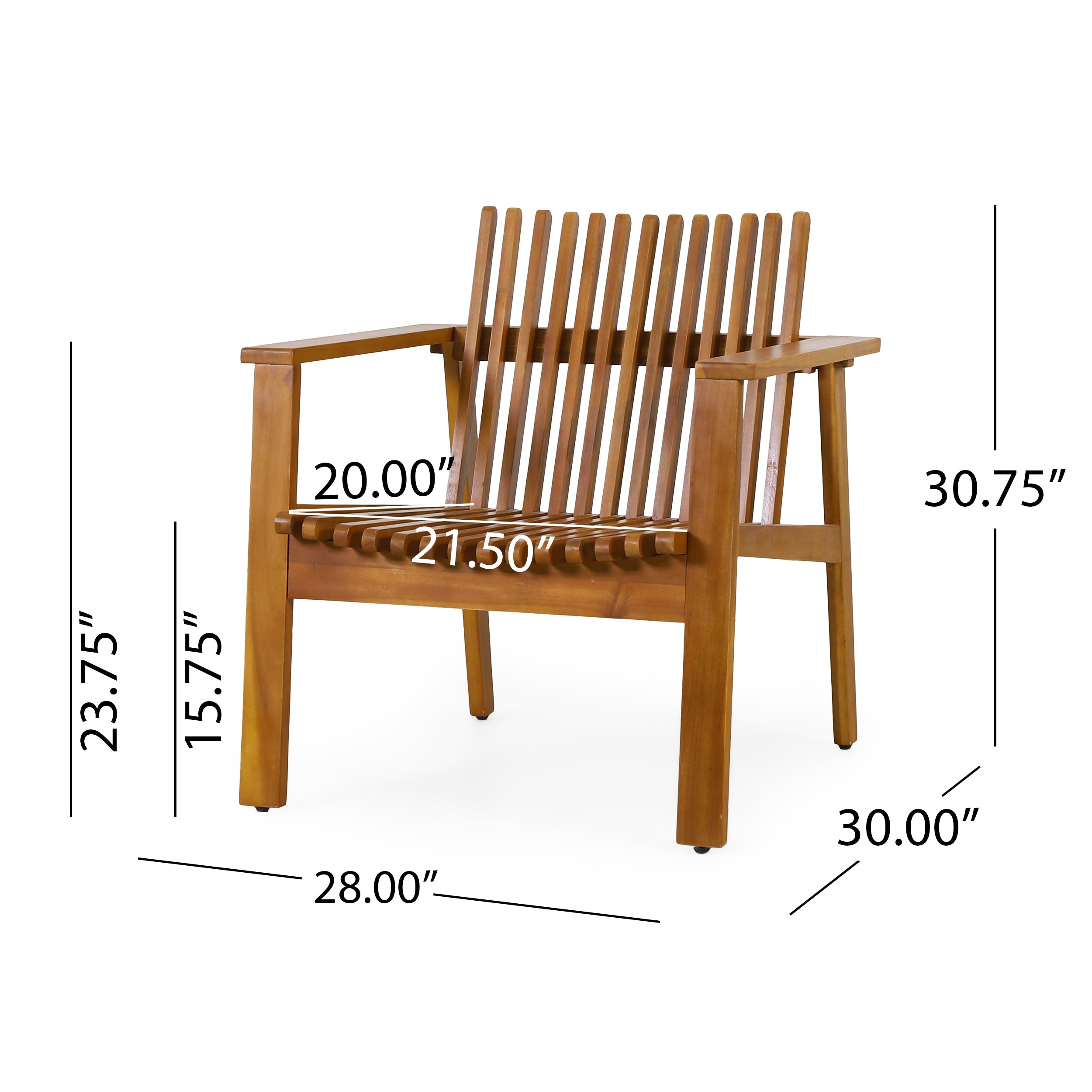 Outdoor Acacia Wood Slatted Club Chairs, Set of 2, Teak Finish