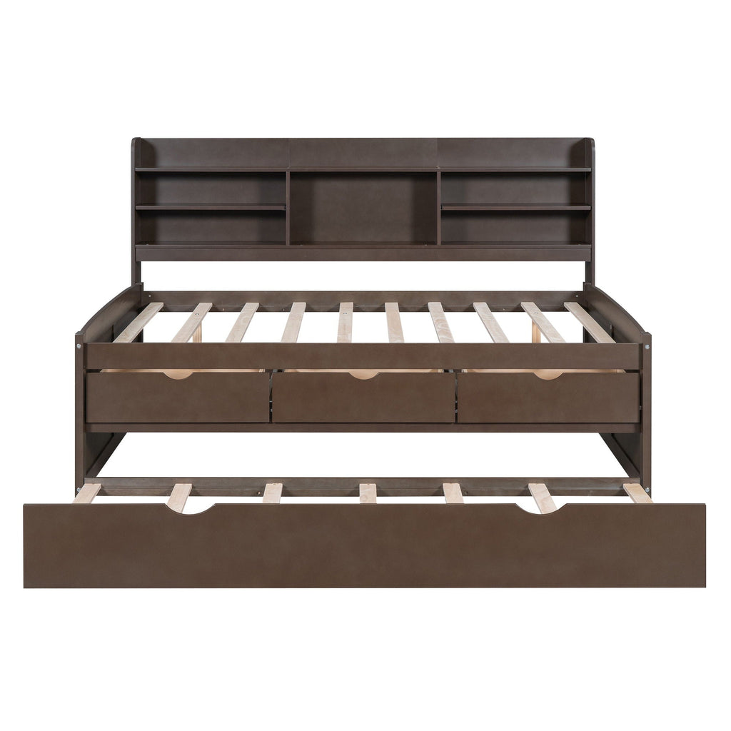 Captain Bed With Built In Bookshelves, 3 Storage Drawers, And Trundle