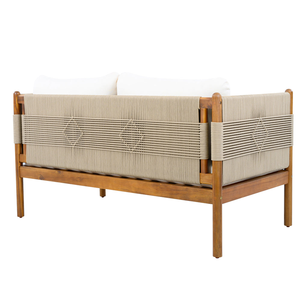 Outdoor Acacia Wood Loveseat with Diamond Rope Weave & Cushions, Teak Finish
