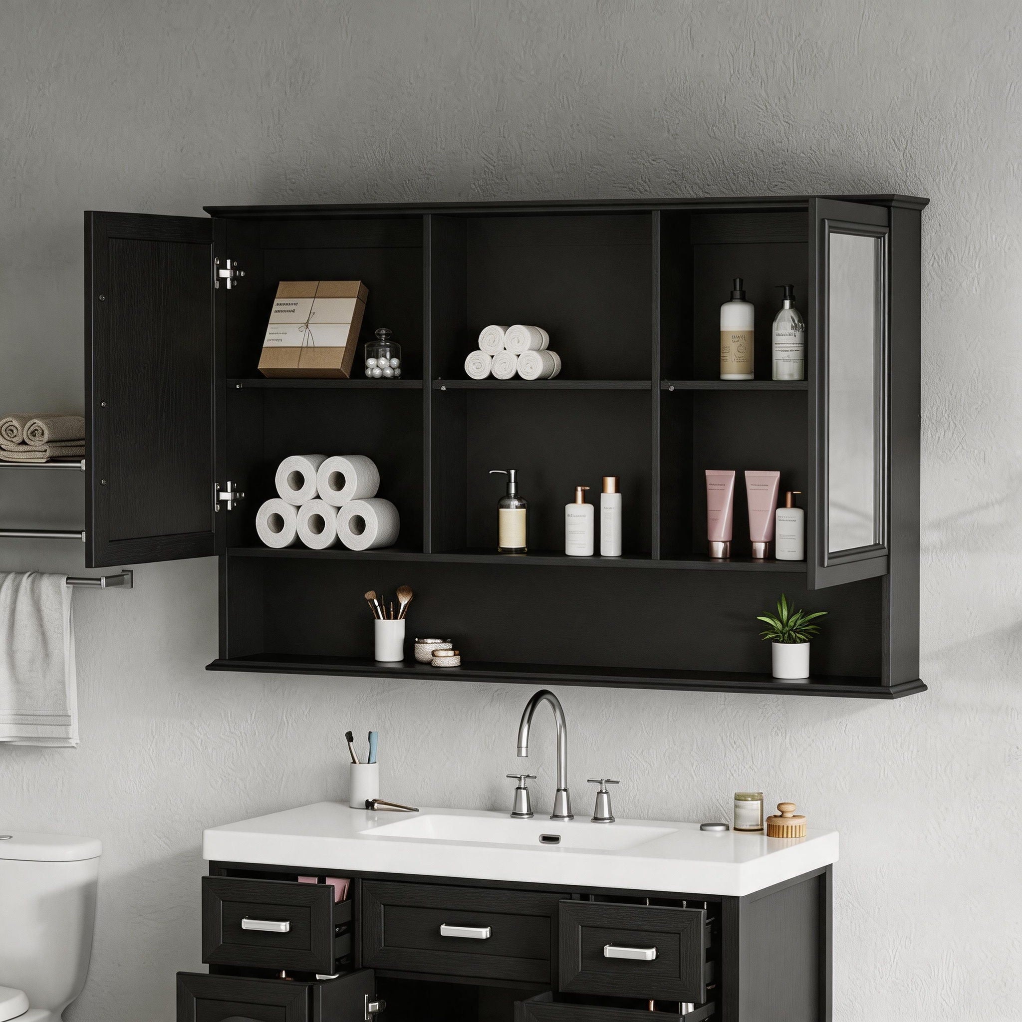 Wall Mounted Bathroom Medicine Cabinet With Double Mirrored Doors