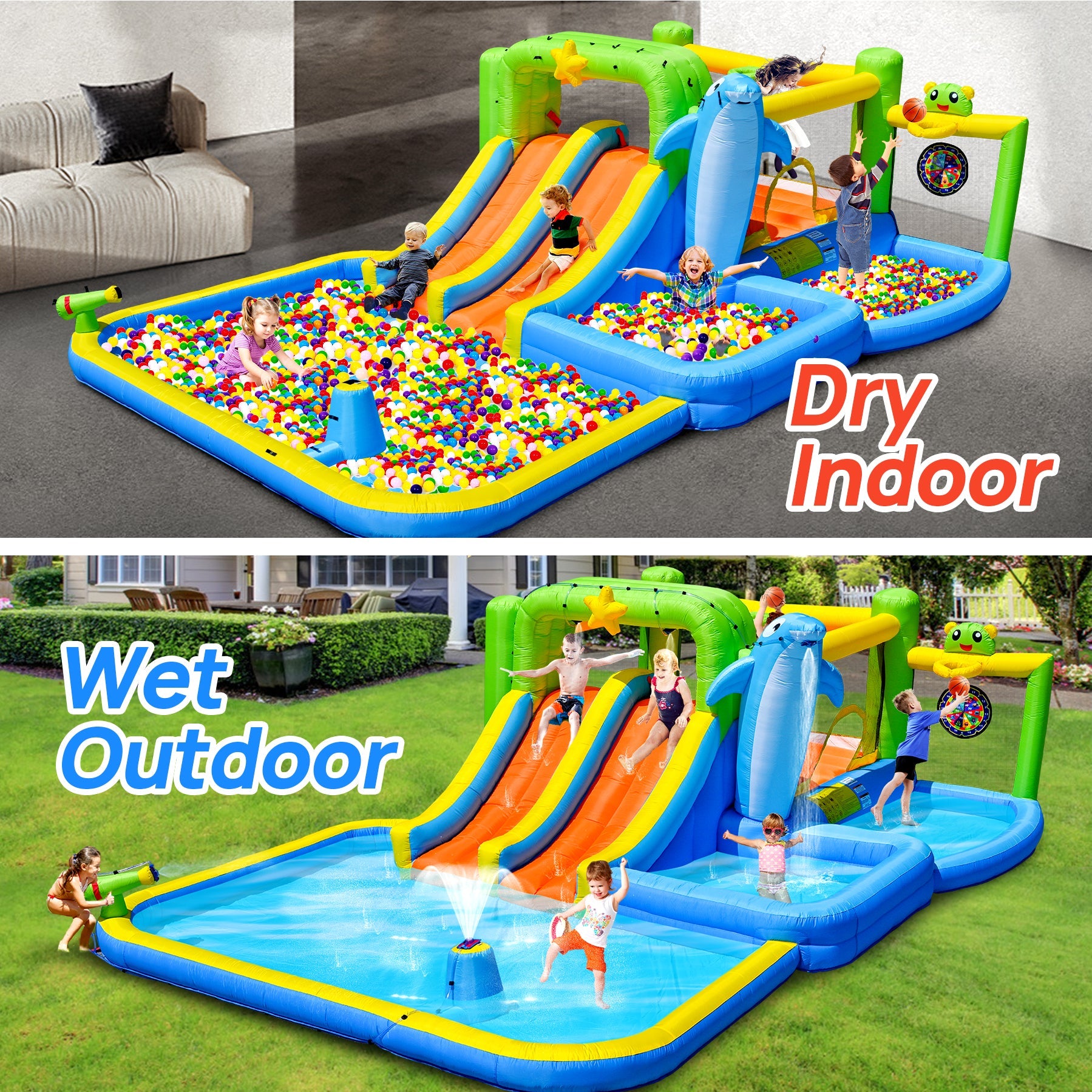 9-in-1 Inflatable Bounce House with Water Features for Kids
