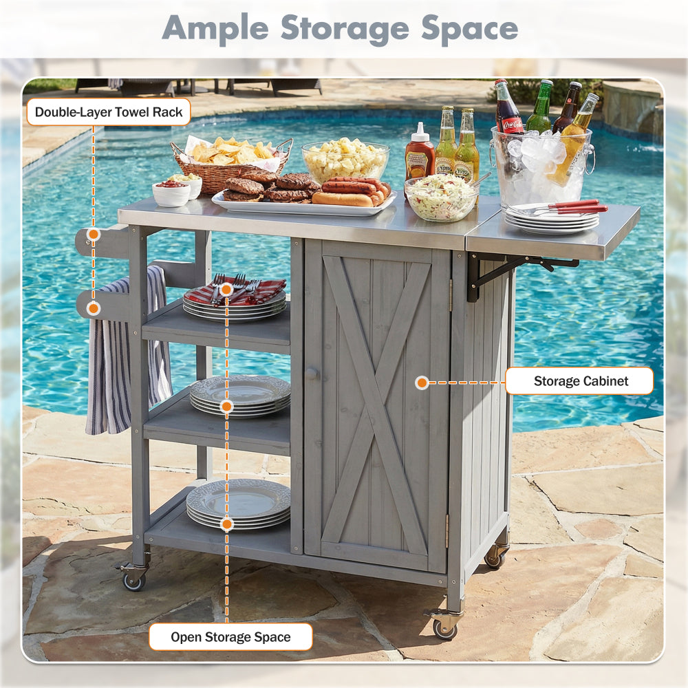 Foldable Outdoor Kitchen Island with Stainless Steel Top | Rolling Cart with Storage Cabinet, Open Shelves & Towel Rack — Grey