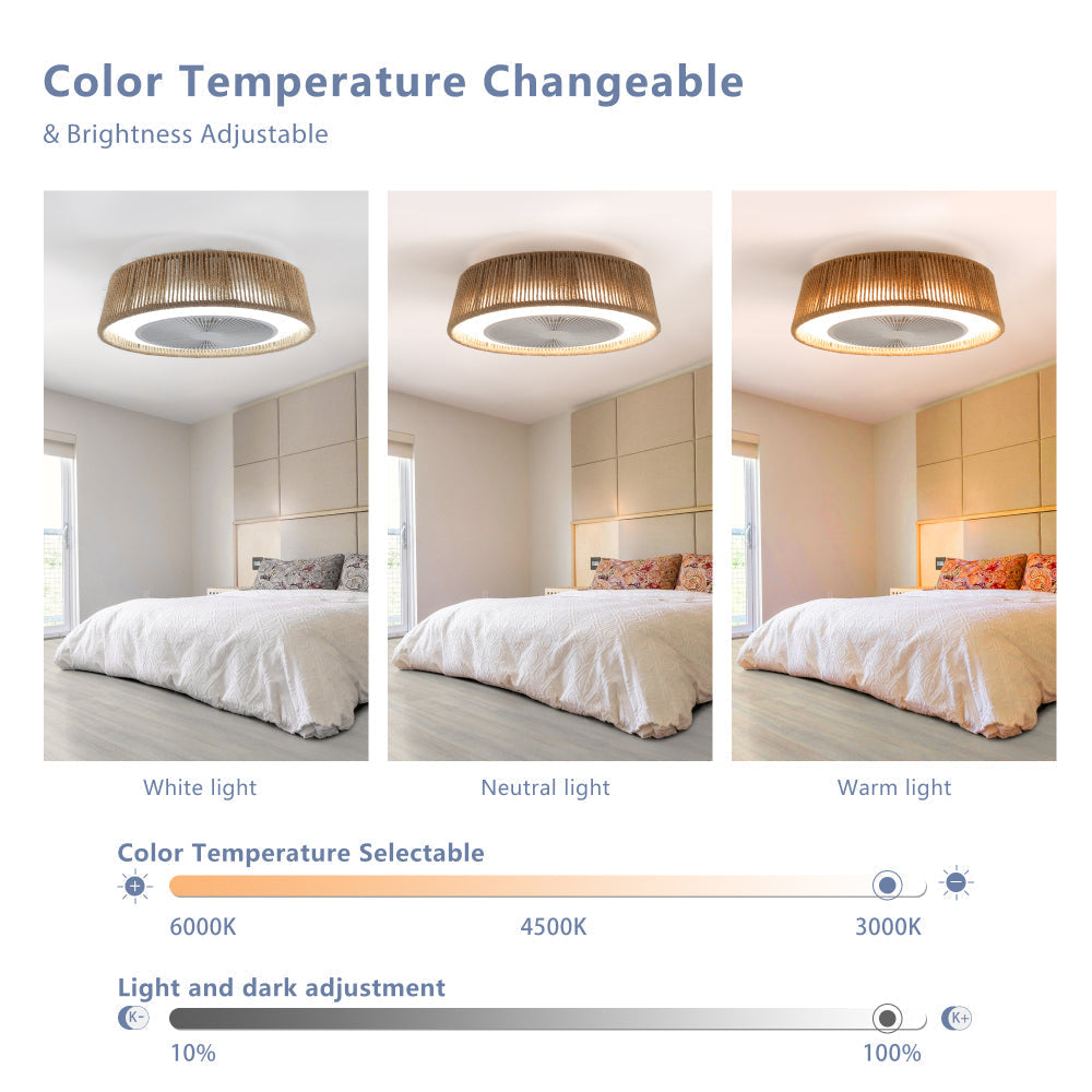 21" Boho Caged Ceiling Fan with LED Light & Remote – Braided Twine Design, 3CCT Dimmable, 6 Speeds & Reversible DC Motor