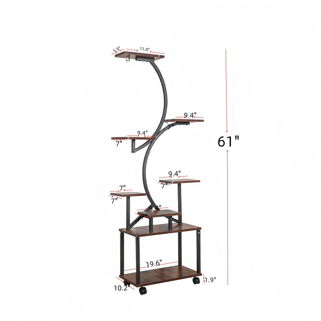 8 Tier Indoor Plant Stand With Grow Lights, S Shaped Metal Shelf For Multiple Plants - Black / Dark Walnut