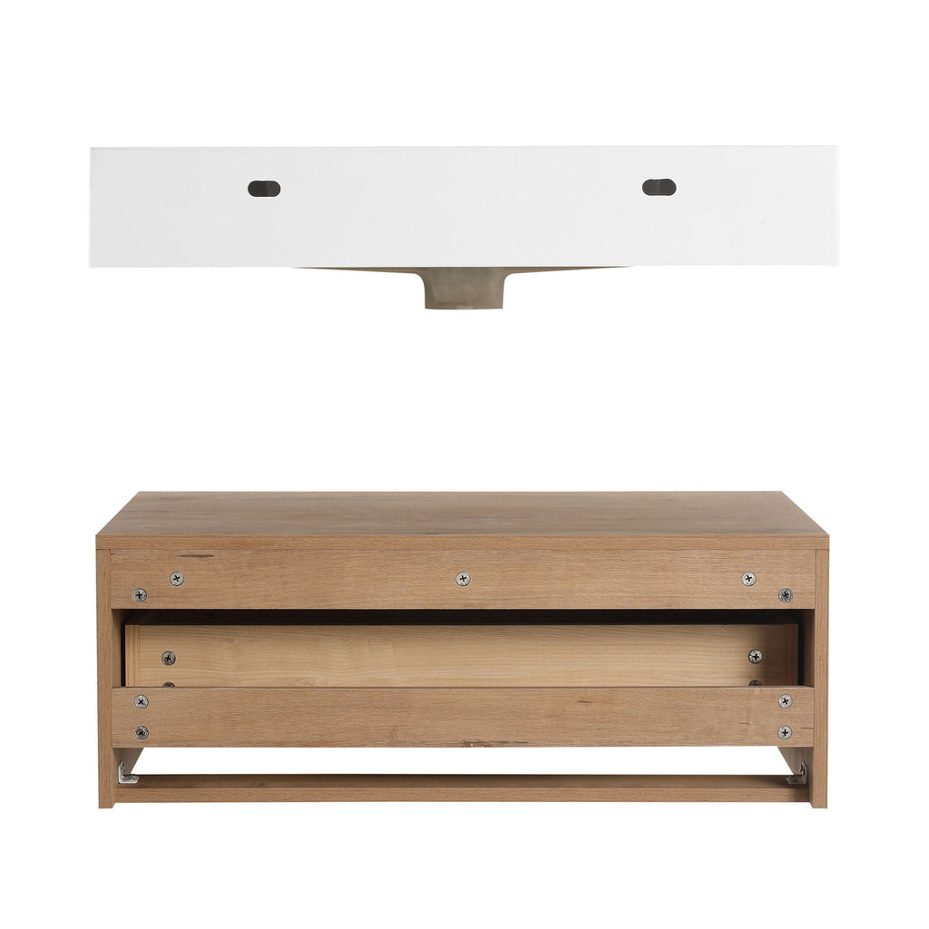 Modern Wall Mounted 30 Inch Bathroom Vanity With Resin Sink And 2 Side Cabinet In Imitative - Imitative Oak