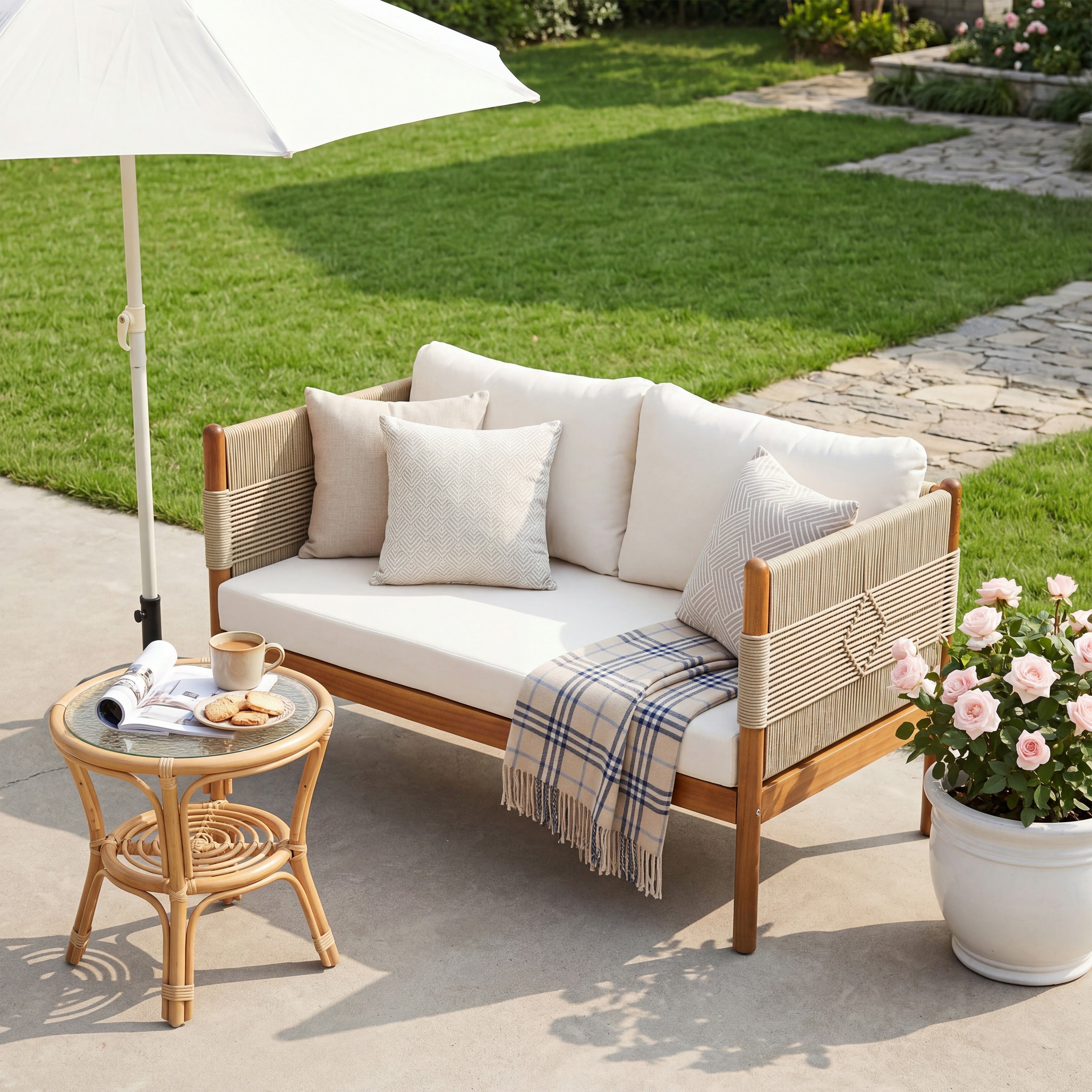 Outdoor Acacia Wood Loveseat with Diamond Rope Weave & Cushions, Teak Finish