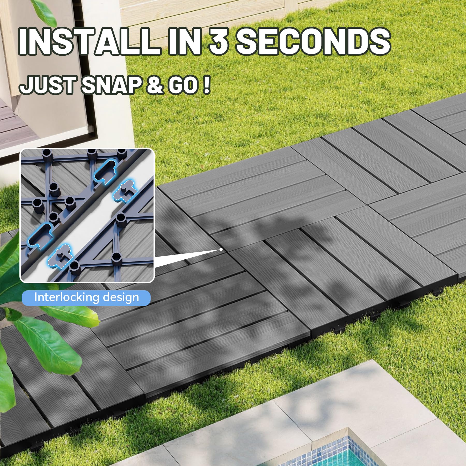44 Pcs Interlocking Deck Tiles, 12" x 12" HDPE Outdoor Flooring