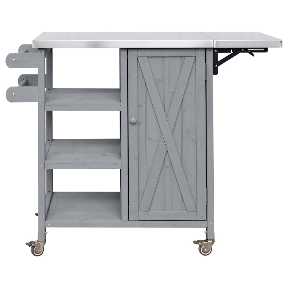 Foldable Outdoor Kitchen Island with Stainless Steel Top | Rolling Cart with Storage Cabinet, Open Shelves & Towel Rack — Grey
