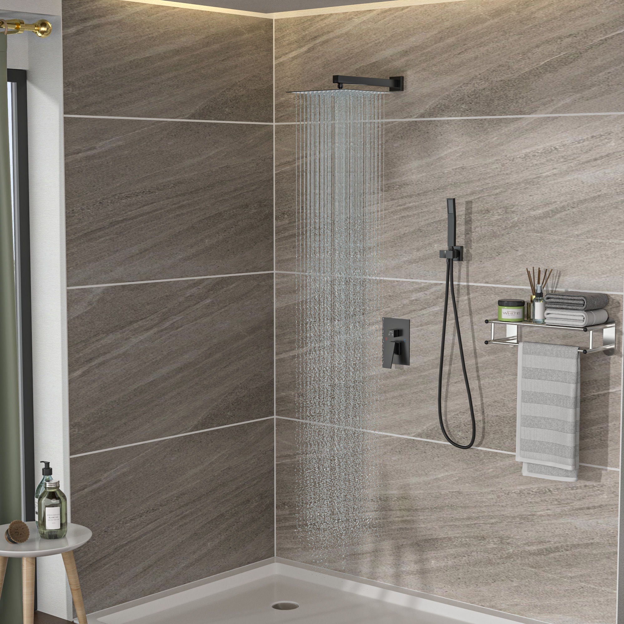 Dual Shower Head System With 12" Square Rain Shower And Rough In Valve