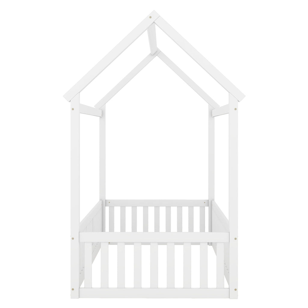 Wood House Bed With Fence And Door
