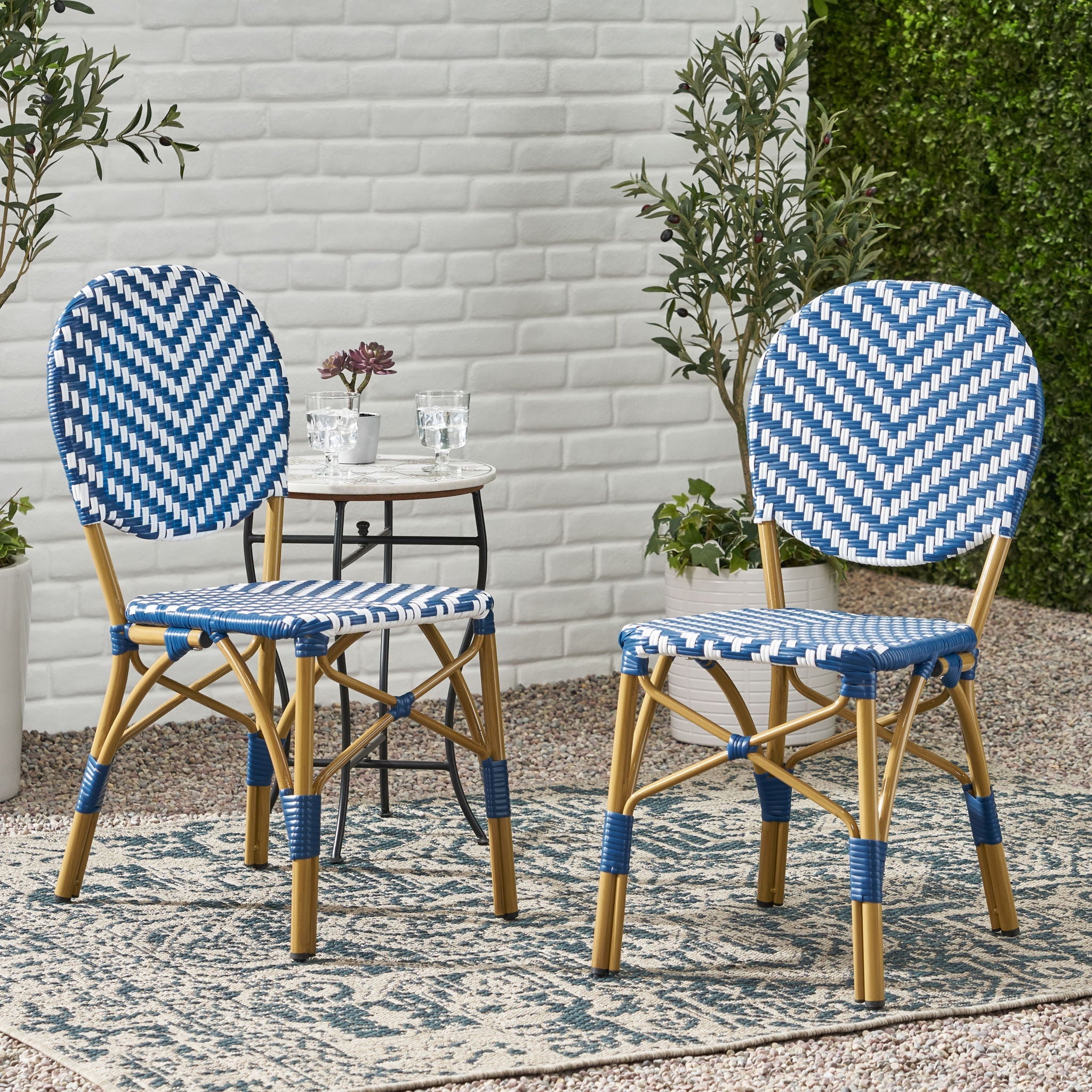 Outdoor Rattan and Aluminum French Armless Bistro Chairs Set - Navy Blue