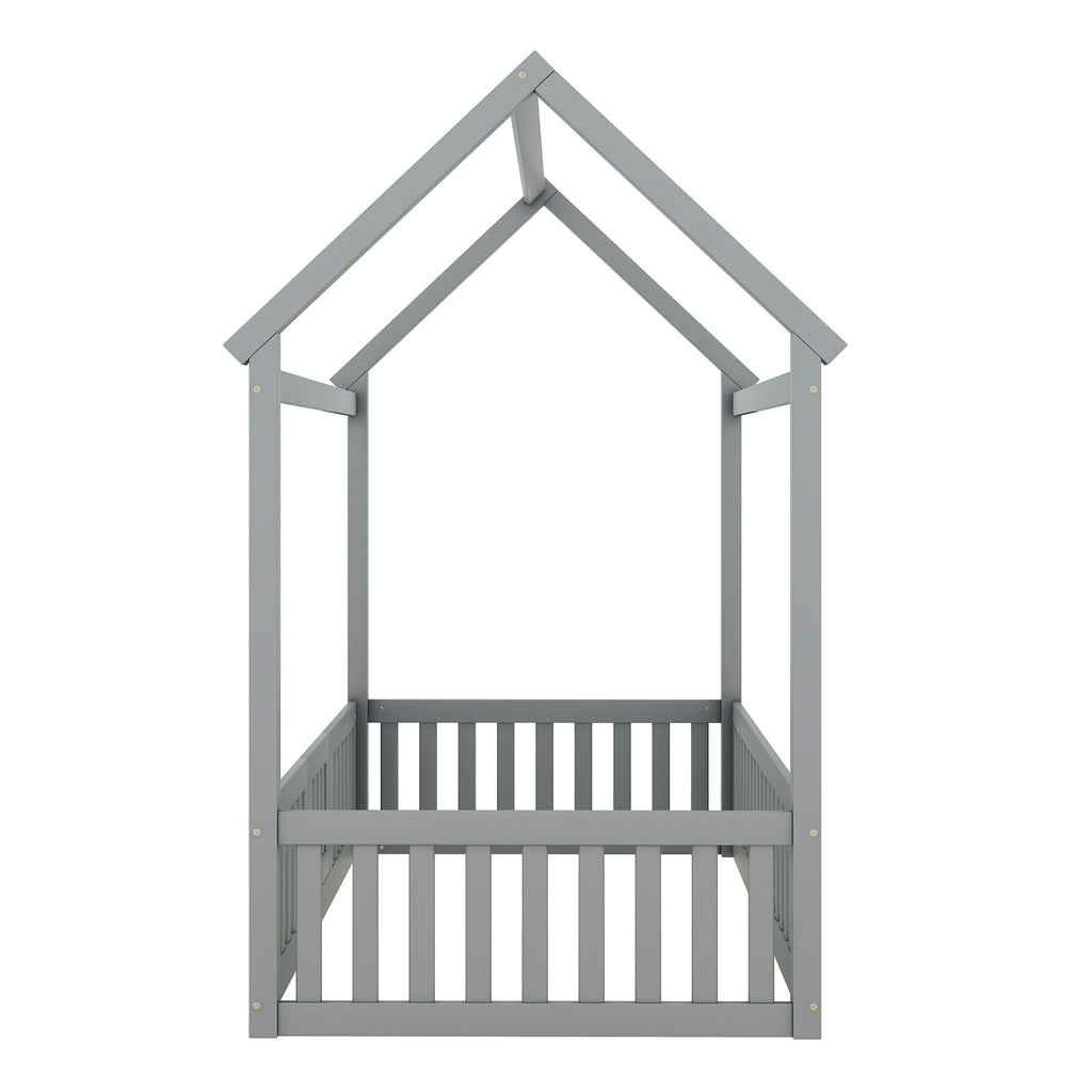 Wood House Bed With Fence And Door