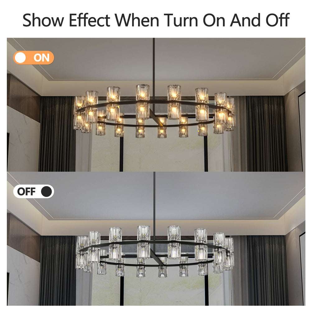 Luxury Crystal Chandelier | Double-Ring LED Ceiling Light for Living Room & Dining Room — Black or Gold, Round or Rectangular